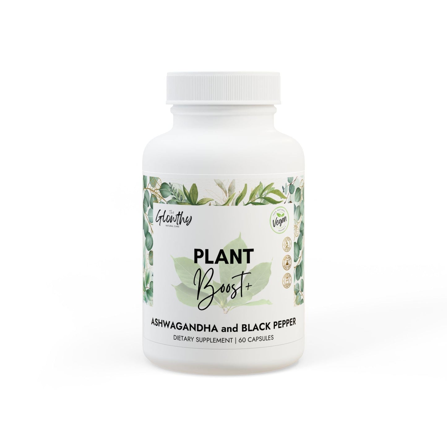 Ashwagandha Supplement PLANT BOOST+ Ashwagandha and Black Pepper Supplement, empowers you to feel centered, energized, and in control, bottle 60 vegan capsules