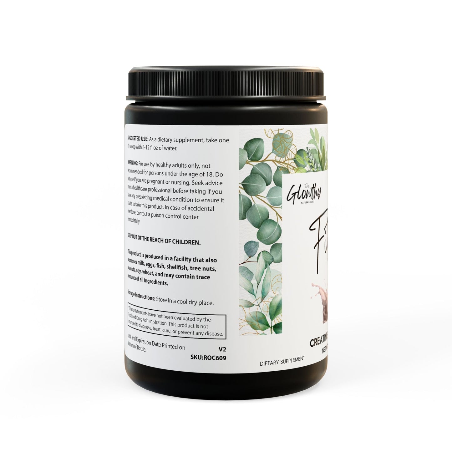 Creatine Monohydrate Supplement FITNESS & GLOW 300g, 10.58oz black jar, enhances exercise performance, muscle recovery, non-GMO, gluten-free, made in the USA.