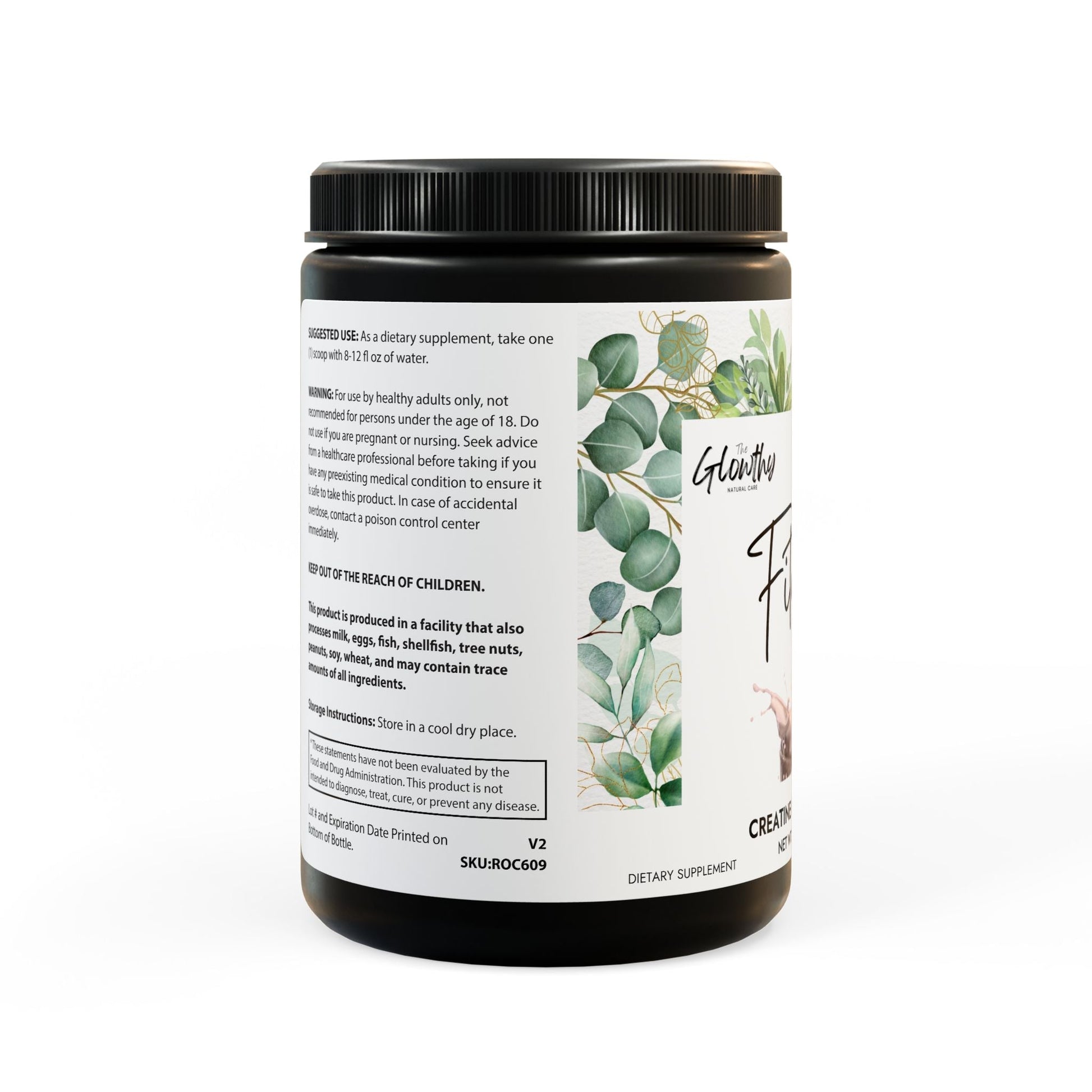 Creatine Monohydrate Supplement FITNESS & GLOW 300g, 10.58oz black jar, enhances exercise performance, muscle recovery, non-GMO, gluten-free, made in the USA.