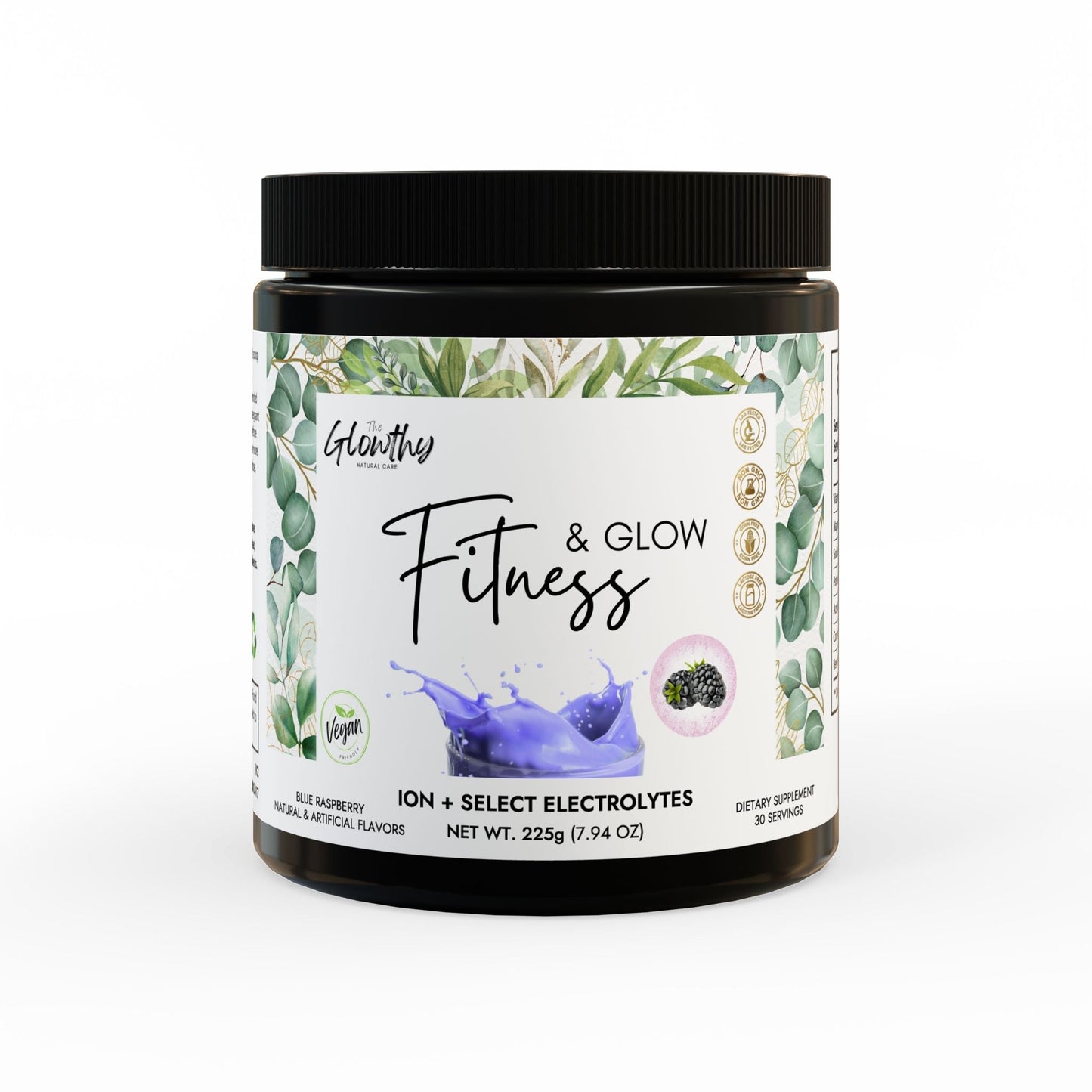 Electrolyte Powder Supplement - FITNESS & GLOW ION + Select Electrolyte Supplement, 225g, 7.9oz in a black container, vegan-friendly, contains essential electrolytes, vitamins, minerals, and superfoods to fuel hydration and energy. Take your workout to the next level