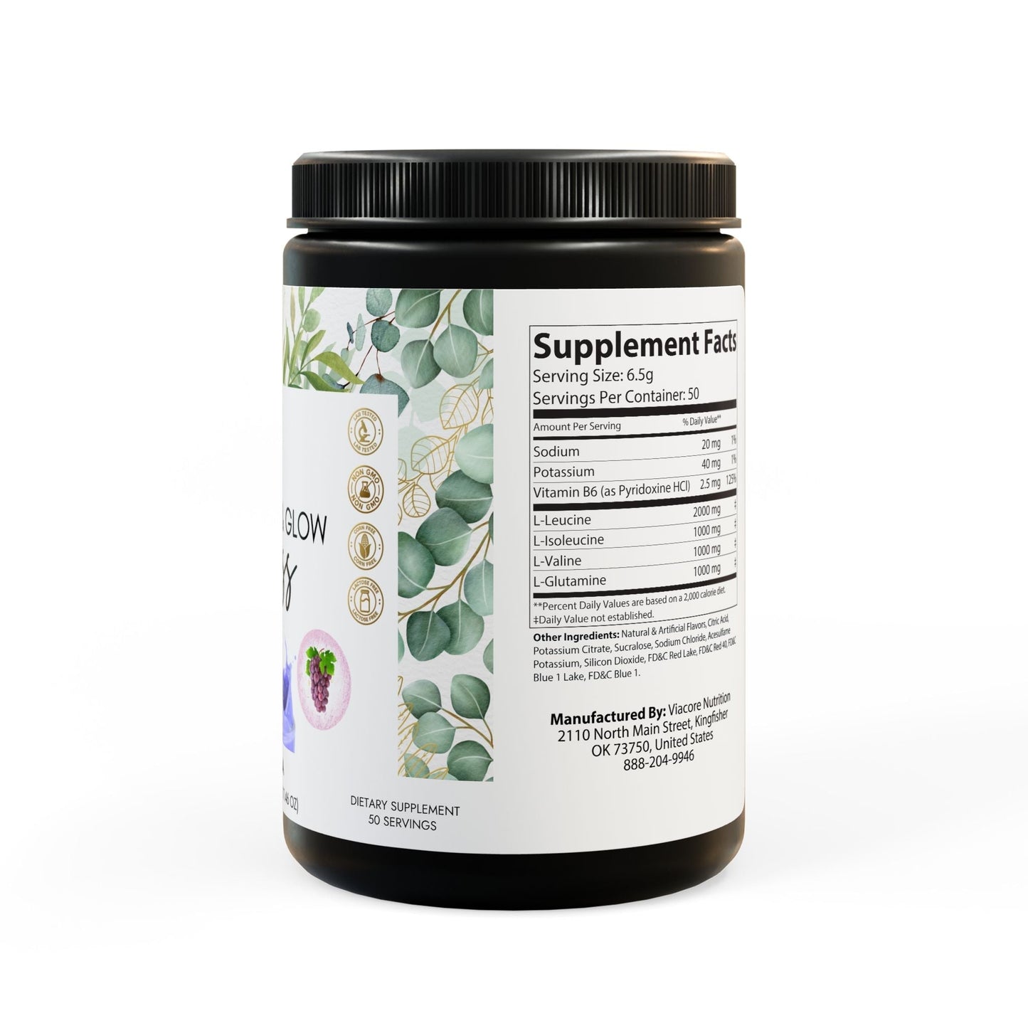 FITNESS & GLOW BCAA Supplement in grape flavor, 325g container, 50 servings.