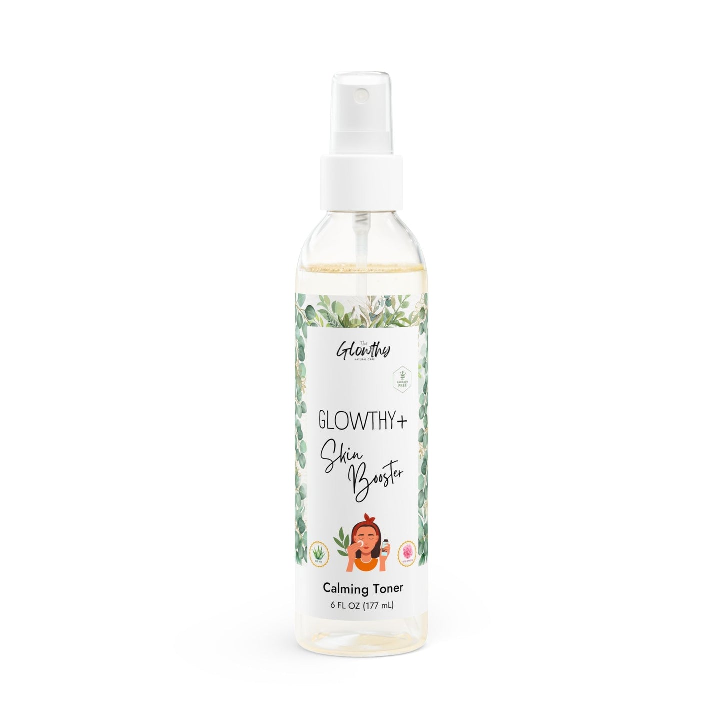 Calming Toner, 6oz GLOWTHY+ SKIN BOOSTER 6oz bottle with fine-mist sprayer for sensitive skin.