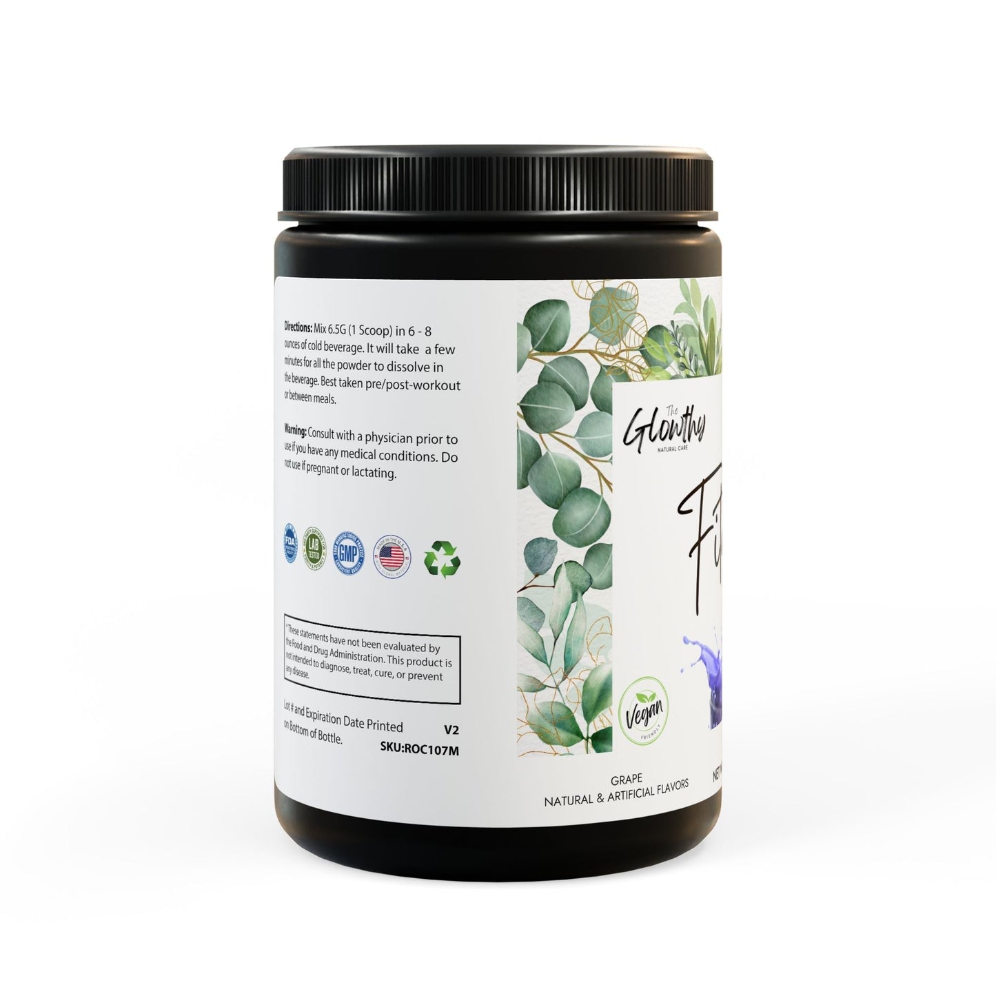 FITNESS & GLOW BCAA Supplement in grape flavor, 325g container, 50 servings.