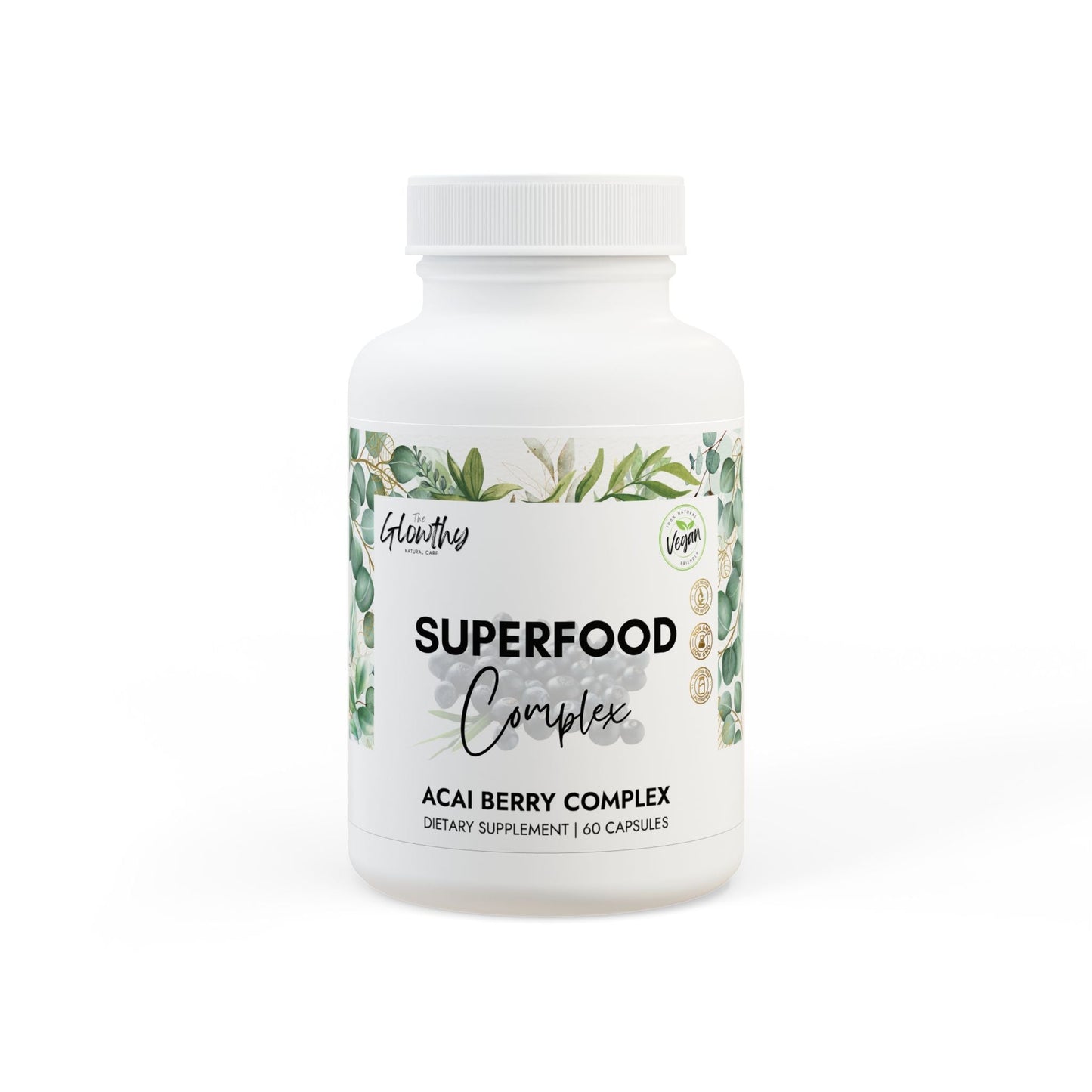 acai powder benefits SUPERFOOD COMPLEX Acai Berry Supplement bottle , 60 capsules, vegan-friendly, supports healthy digestion.