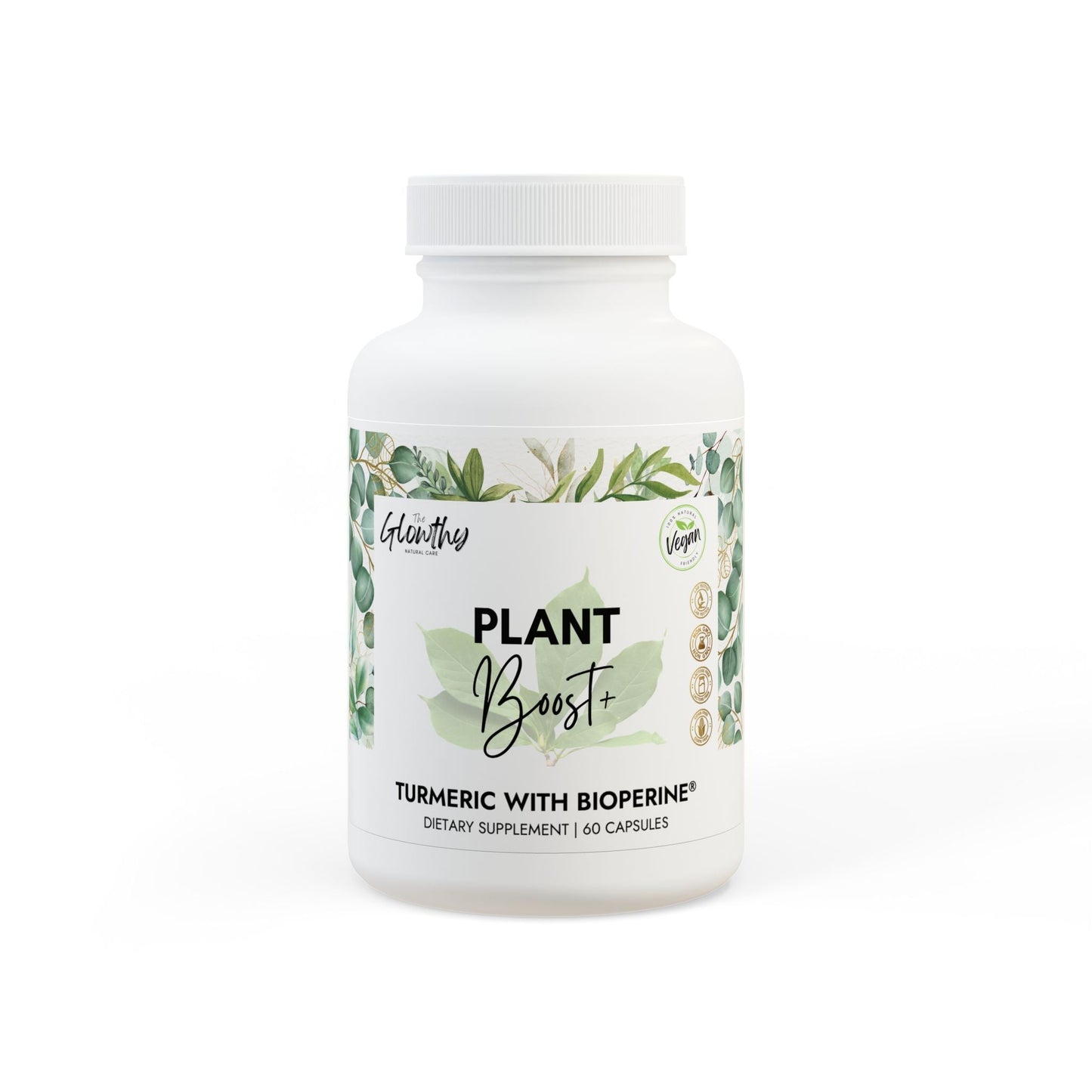 Turmeric with BioPerine Supplement PLANT BOOST+ Organic Turmeric with BioPerine supplement to enhance recovery, antioxidant support, and muscle function. Vegan, non-GMO, USA-made, 60 capsules.