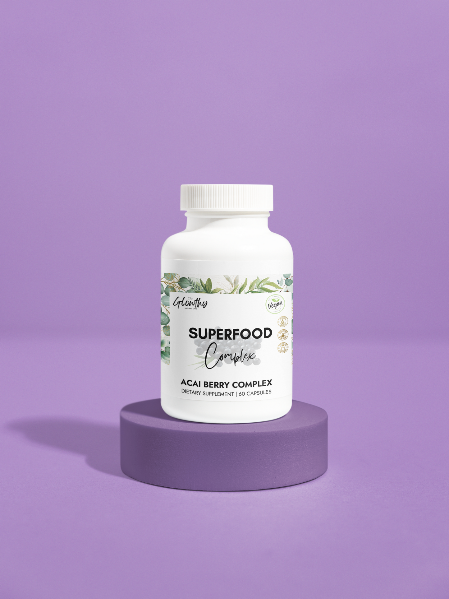 acai powder benefits SUPERFOOD COMPLEX Acai Berry Supplement bottle on purple background.