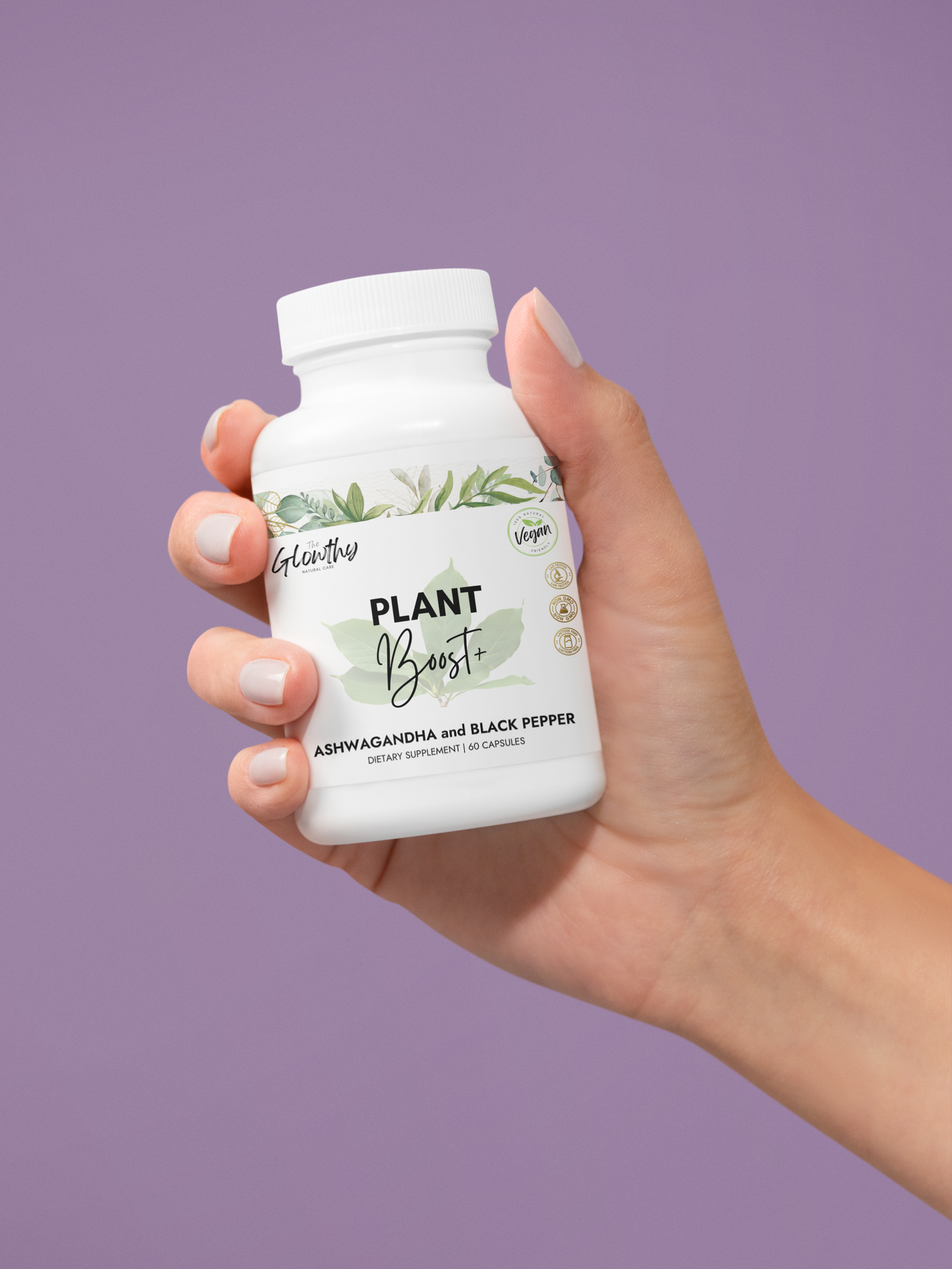 Ashwagandha Supplement PLANT BOOST+ Ashwagandha and Black Pepper Supplement, empowers you to feel centered, energized, and in control, bottle 60 vegan capsules