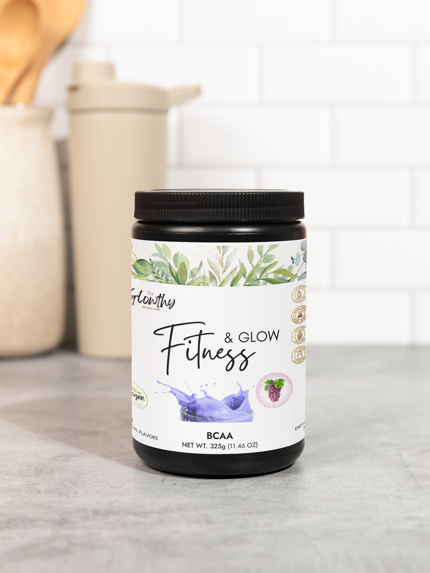 FITNESS & GLOW BCAA Supplement in grape flavor, 325g container, 50 servings.