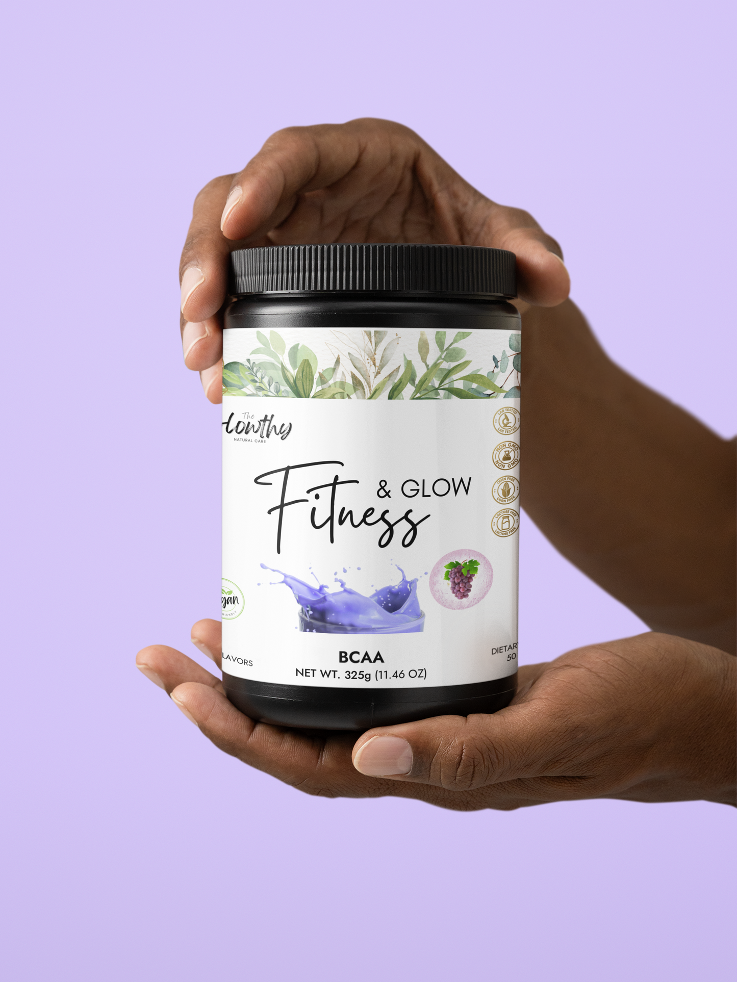 FITNESS & GLOW BCAA Supplement in grape flavor, 325g container, 50 servings.