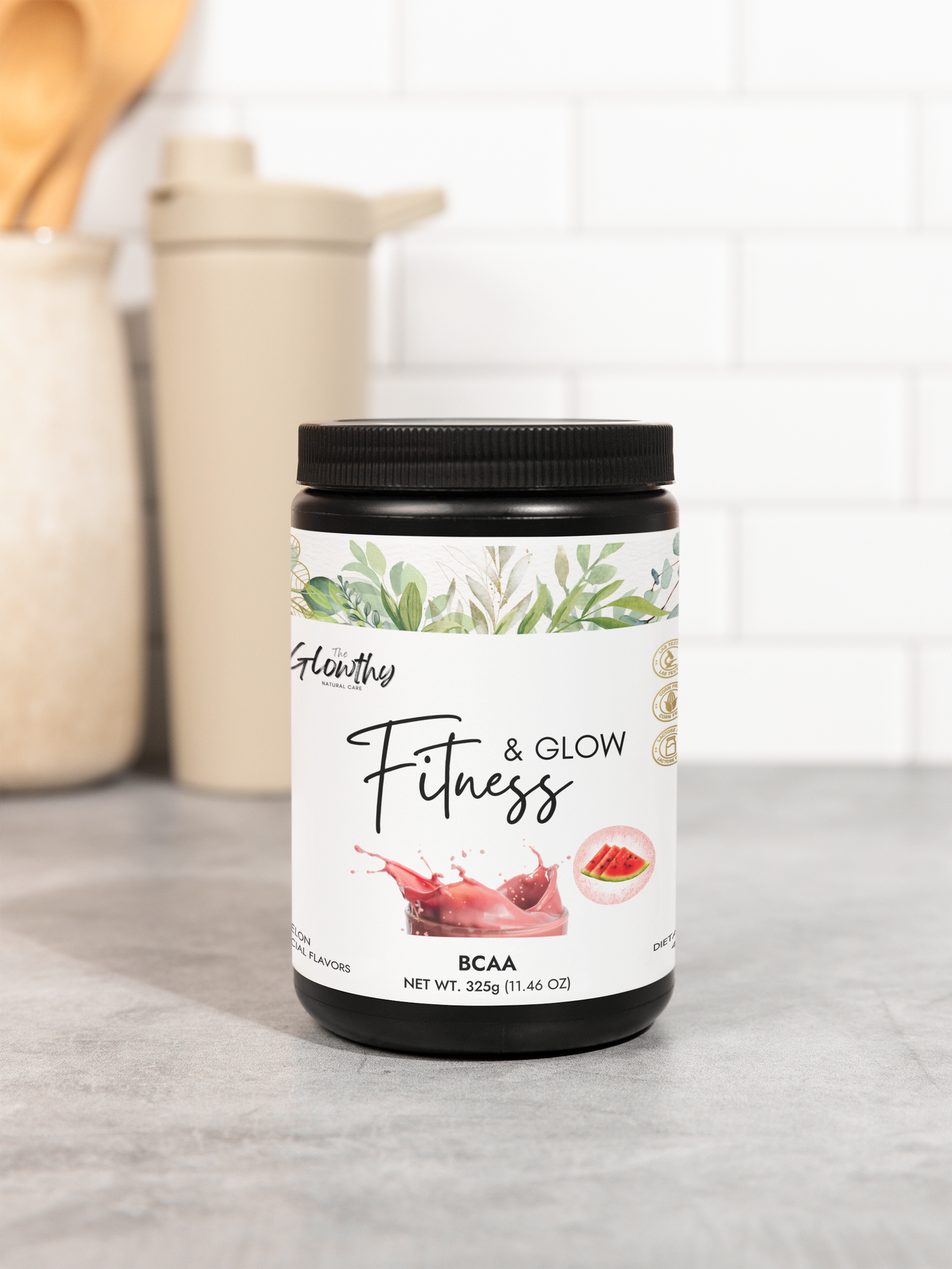 FITNESS & GLOW BCAA Supplement with Watermelon flavor boosts exercise, aids recovery, and prevents muscle breakdown. Ideal for fitness enthusiasts and athletes.