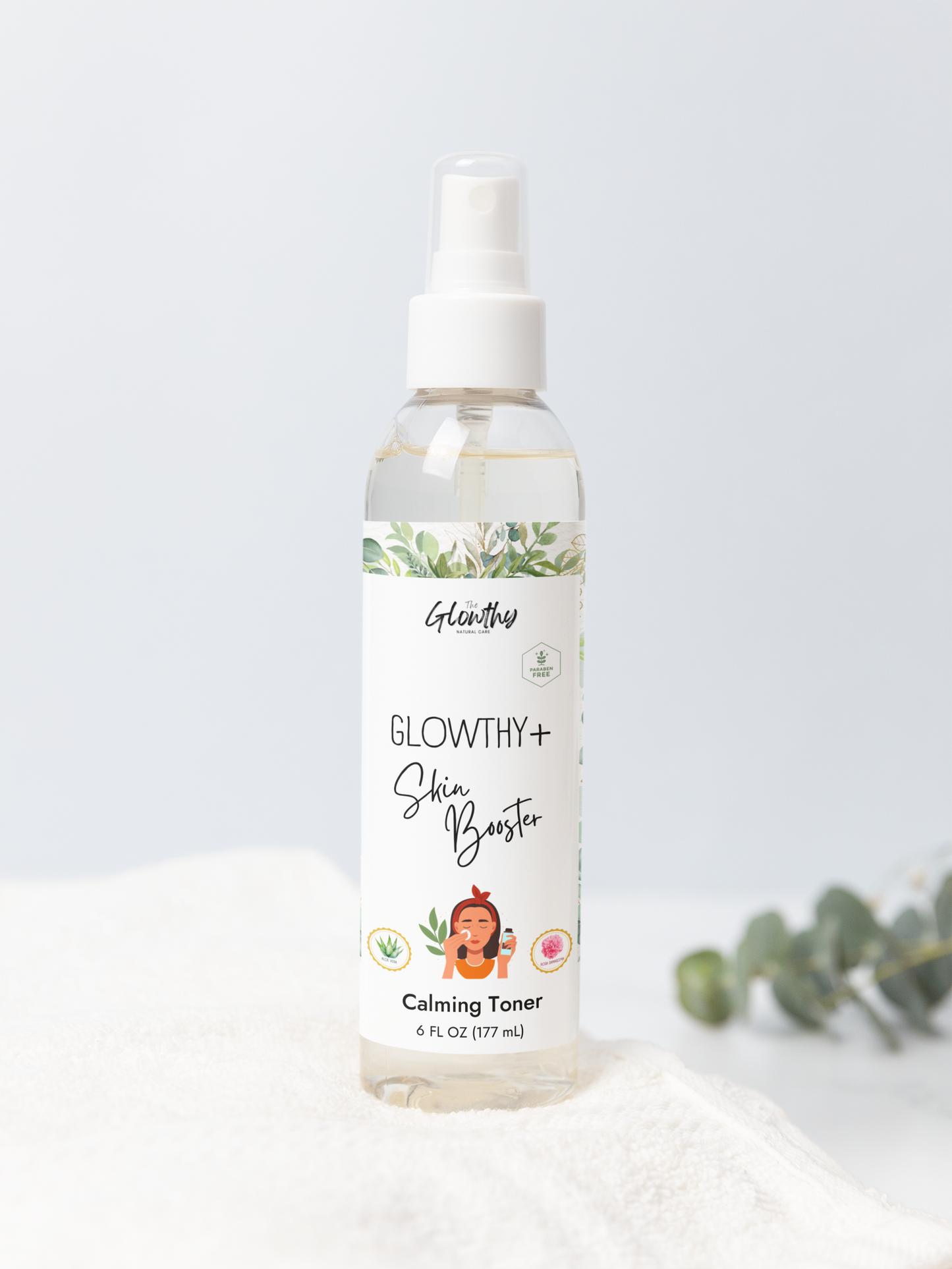 Calming Toner, 6oz GLOWTHY+ SKIN BOOSTER 6oz bottle with fine-mist sprayer for sensitive skin.