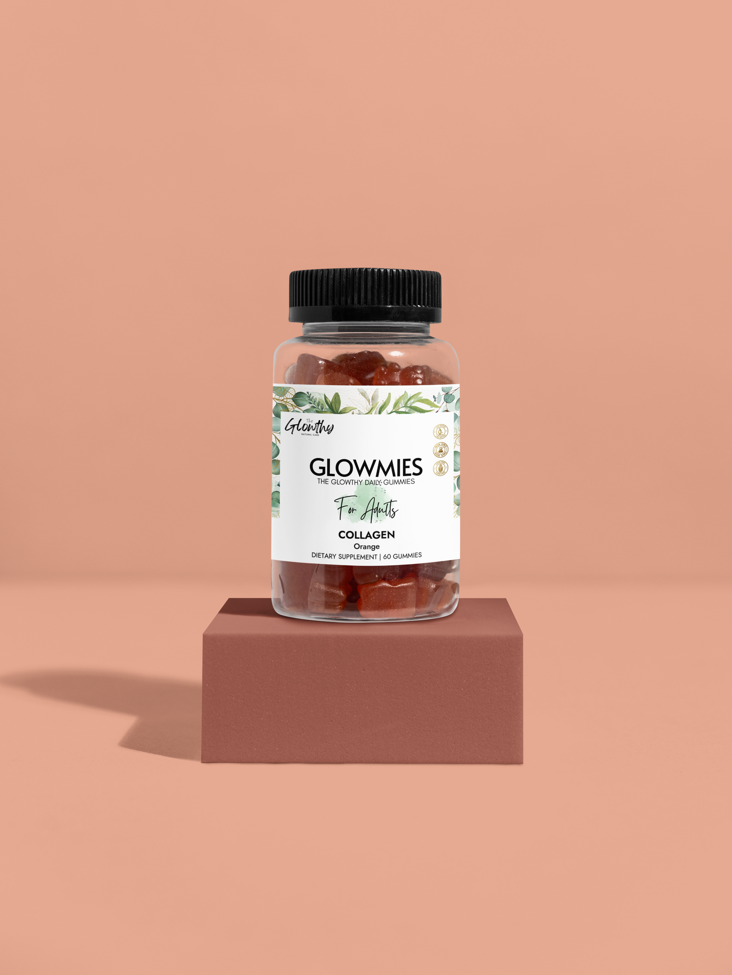 Collagen benefits - GLOWMIES Collagen Gummies (60 Gummies) delicious formula designed to support radiant skin, strong hair, healthy nails, and joint comfort. Collagen Gummies bottle on display.
