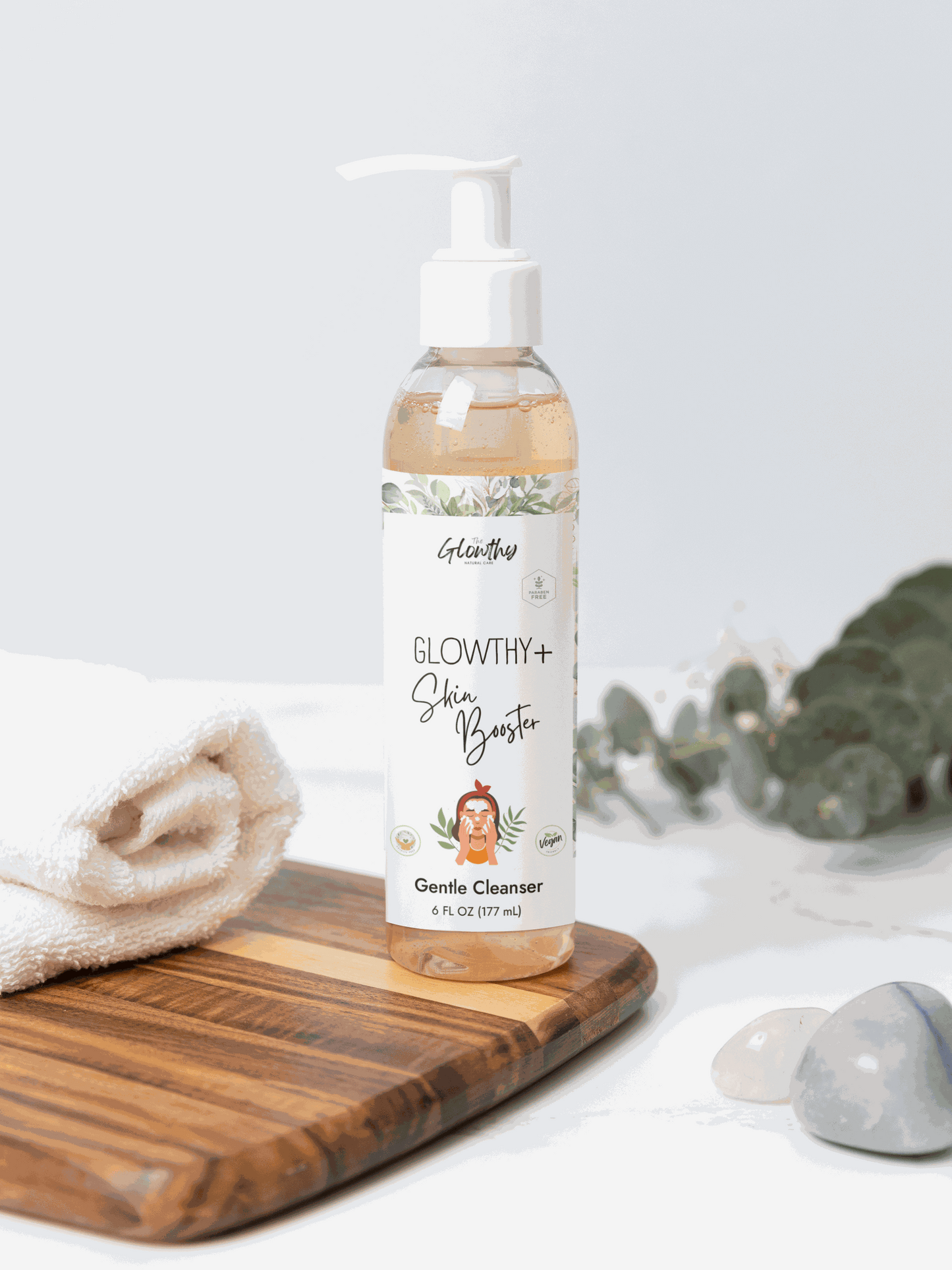 Gentle Cleanser GLOWTHY+ SKIN BOOSTER Face and Body, 6oz bottle with pump, ideal for sensitive skin.
