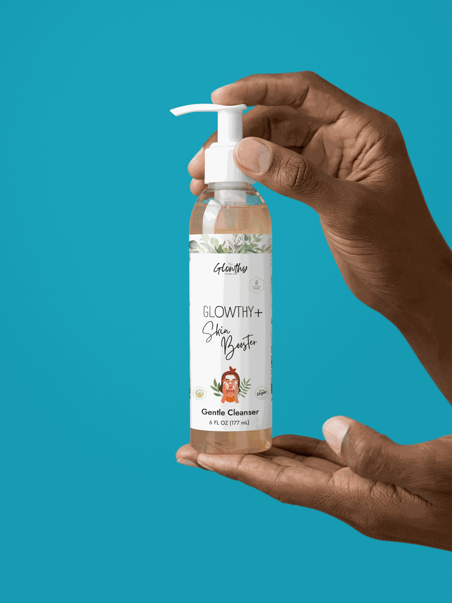 Gentle Cleanser GLOWTHY+ SKIN BOOSTER Face and Body, 6oz bottle with pump, ideal for sensitive skin.