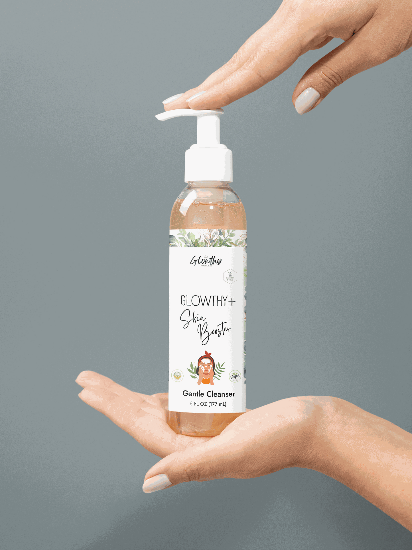 Gentle Cleanser GLOWTHY+ SKIN BOOSTER Face and Body, 6oz bottle with pump, ideal for sensitive skin.
