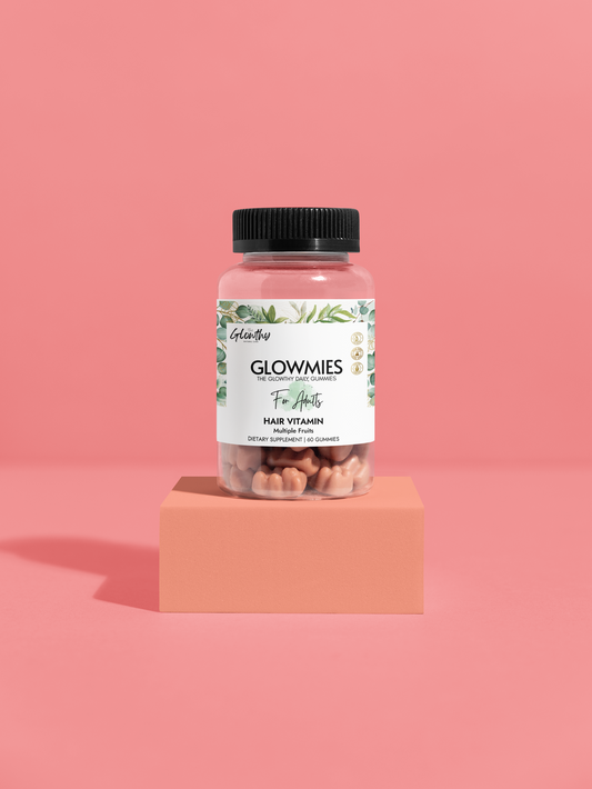 Hair Vitamin Gummies GLOWMIES (60u) Natural supplement for hair growth GLOWMIES Hair Vitamin Gummies bottle on a pink background.