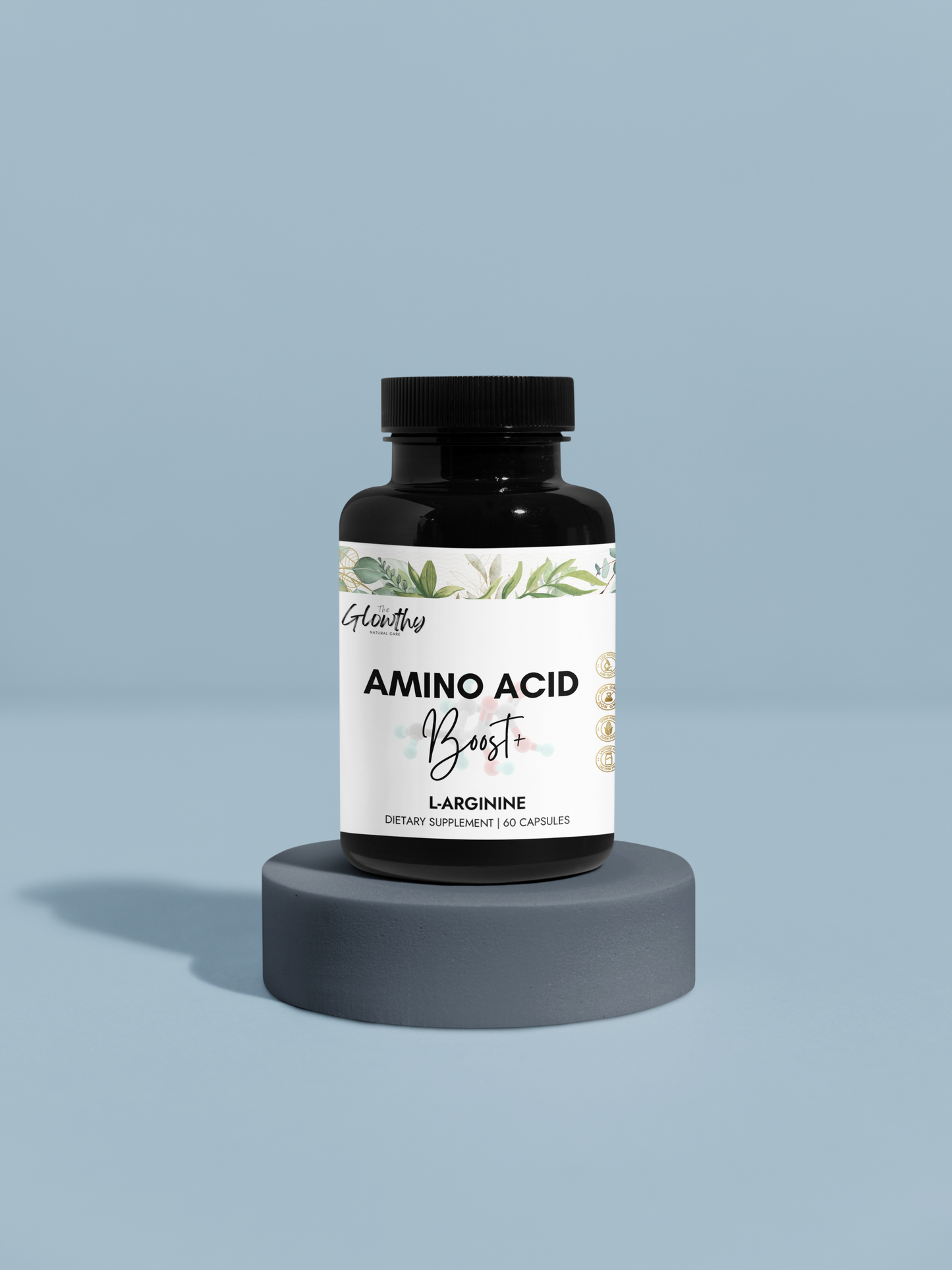 L-Arginine Supplement AMINO ACID BOOST+ L-Arginine Supplement, supports muscle function and recovery. bottle on a gray pedestal against a light blue background.