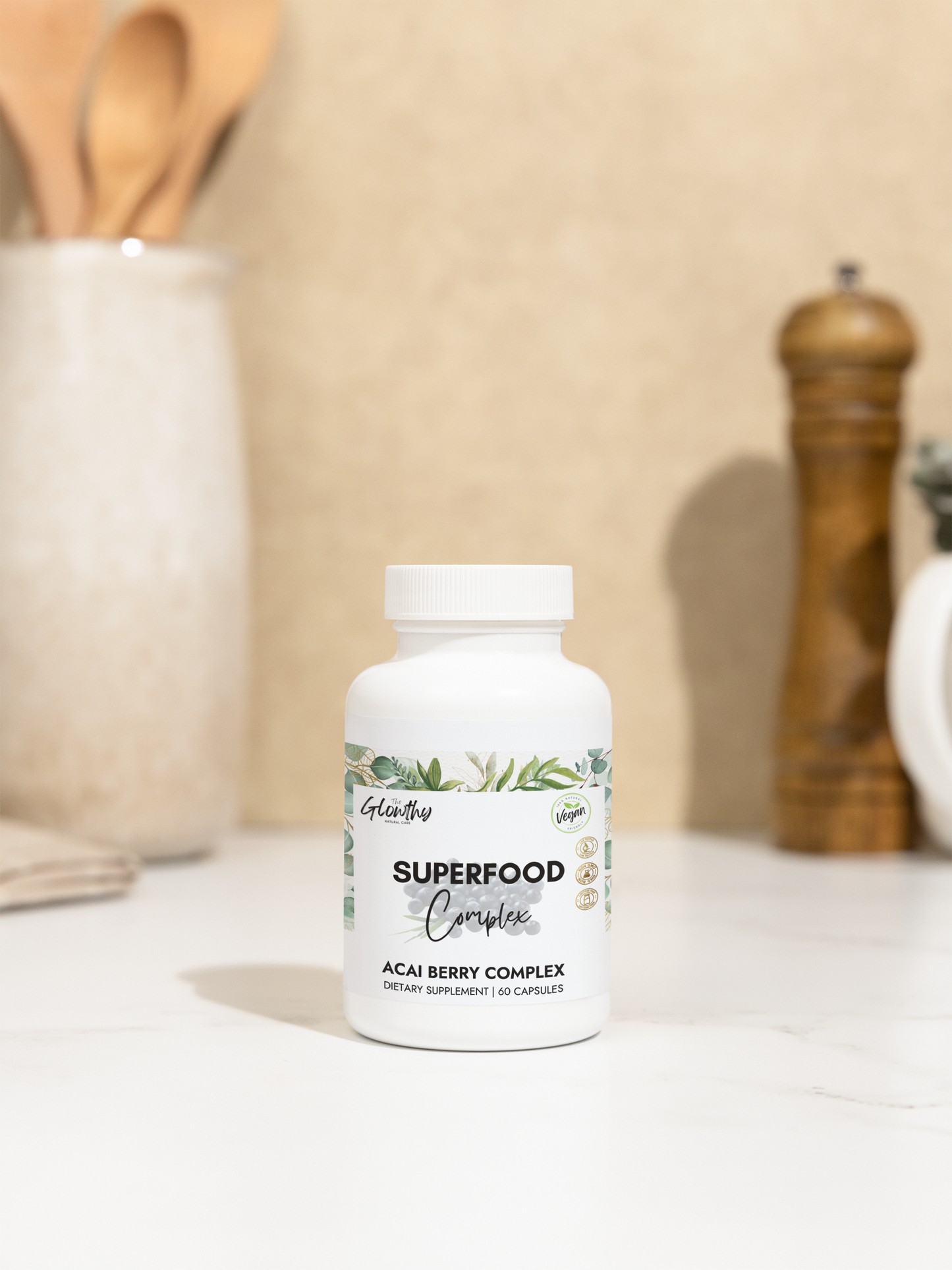 acai powder benefits SUPERFOOD COMPLEX Acai Berry Supplement bottle , 60 capsules, vegan-friendly, supports healthy digestion.