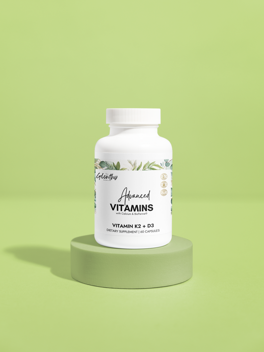 Vitamin K2 and D3 Supplement ADVANCE VITAMINS (60 Capsules) Must-have Vitamin K2 and D3 Supplement formulated to deliver synergistic benefits that support strong bones, a resilient heart, and optimal muscle and immune function. Supplement bottle on a green platform.