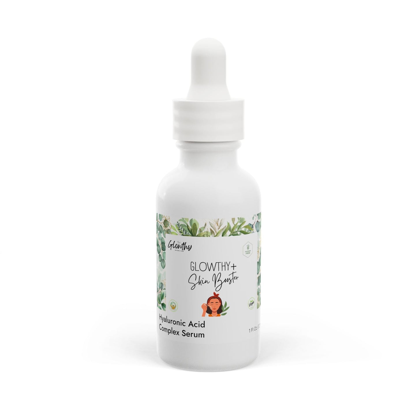 GLOWTHY+ Skin Booster serum in white glass bottle with dropper, 1oz; hyaluronic acid, squalane, green tea, vitamin B5 for hydration.