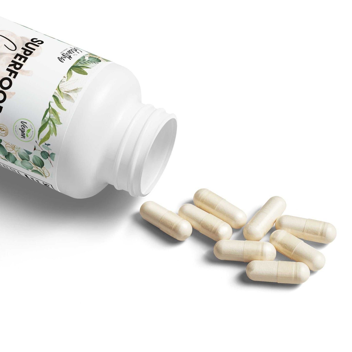 Mushroom Powder Benefits SUPERFOOD COMPLEX Mushroom Blend Supplement bottle with 60 capsules, featuring Cordyceps, Shiitake, and Lion's Mane for brain and energy support. Discover the Mushroom Powder Benefits. Power through your busiest days with focus, clarity, and natural energy. Your daily ally for enhanced vitality and wellness. 