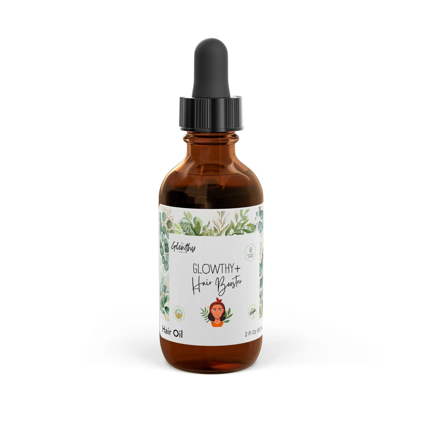GLOWTHY+ HAIR BOOSTER Hair Oil, amber glass bottle with black dropper, 2oz.