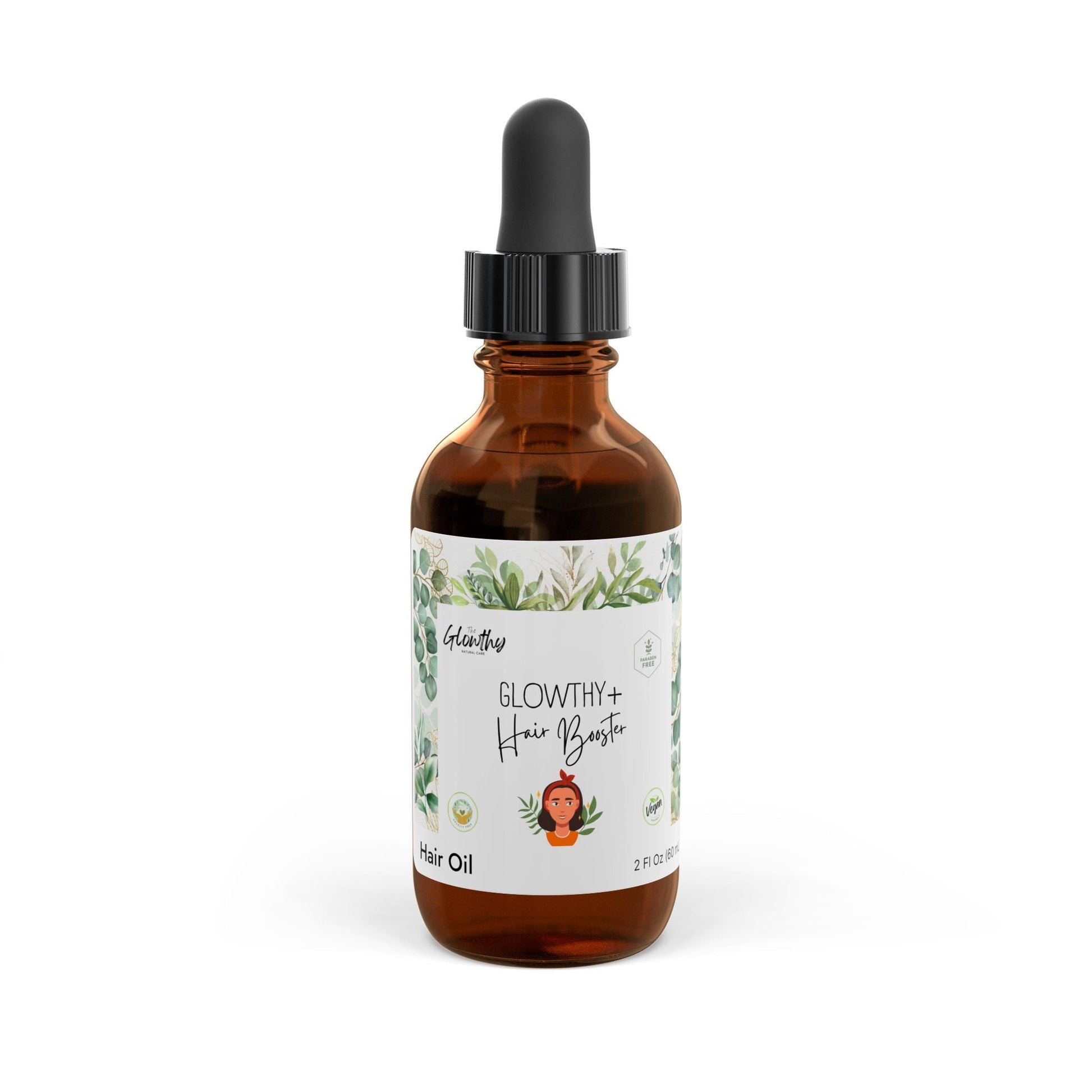 GLOWTHY+ HAIR BOOSTER Hair Oil, amber glass bottle with black dropper, 2oz.