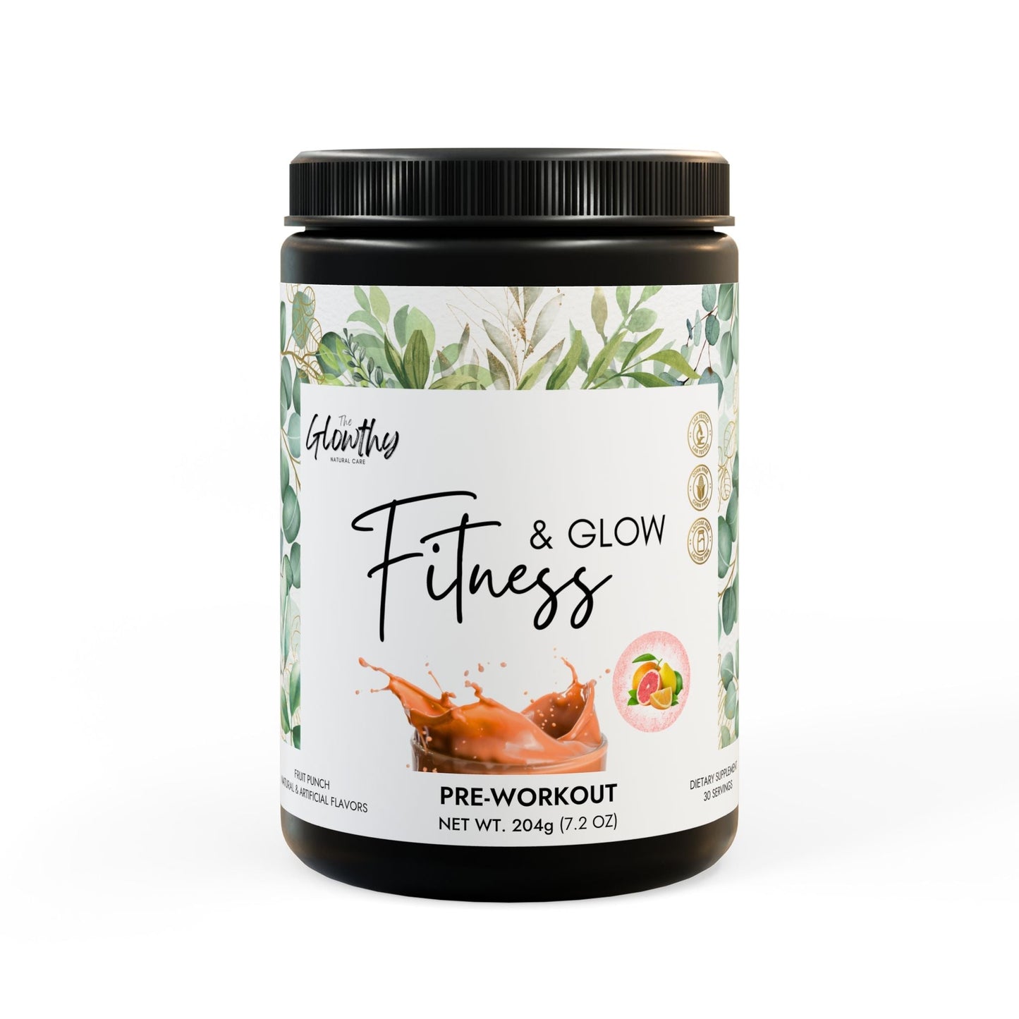 FITNESS & GLOW Fruit Punch Pre-Workout Supplement, 204g jar.