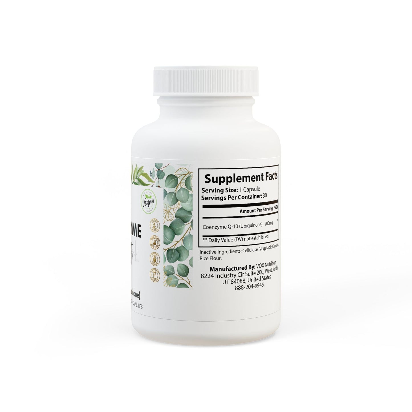 CoQ10 supplement COENZYME BOOST+ CoQ10 supplement bottle, 30 capsules, vegan-friendly, non-GMO, promoting antioxidant support, anti-aging