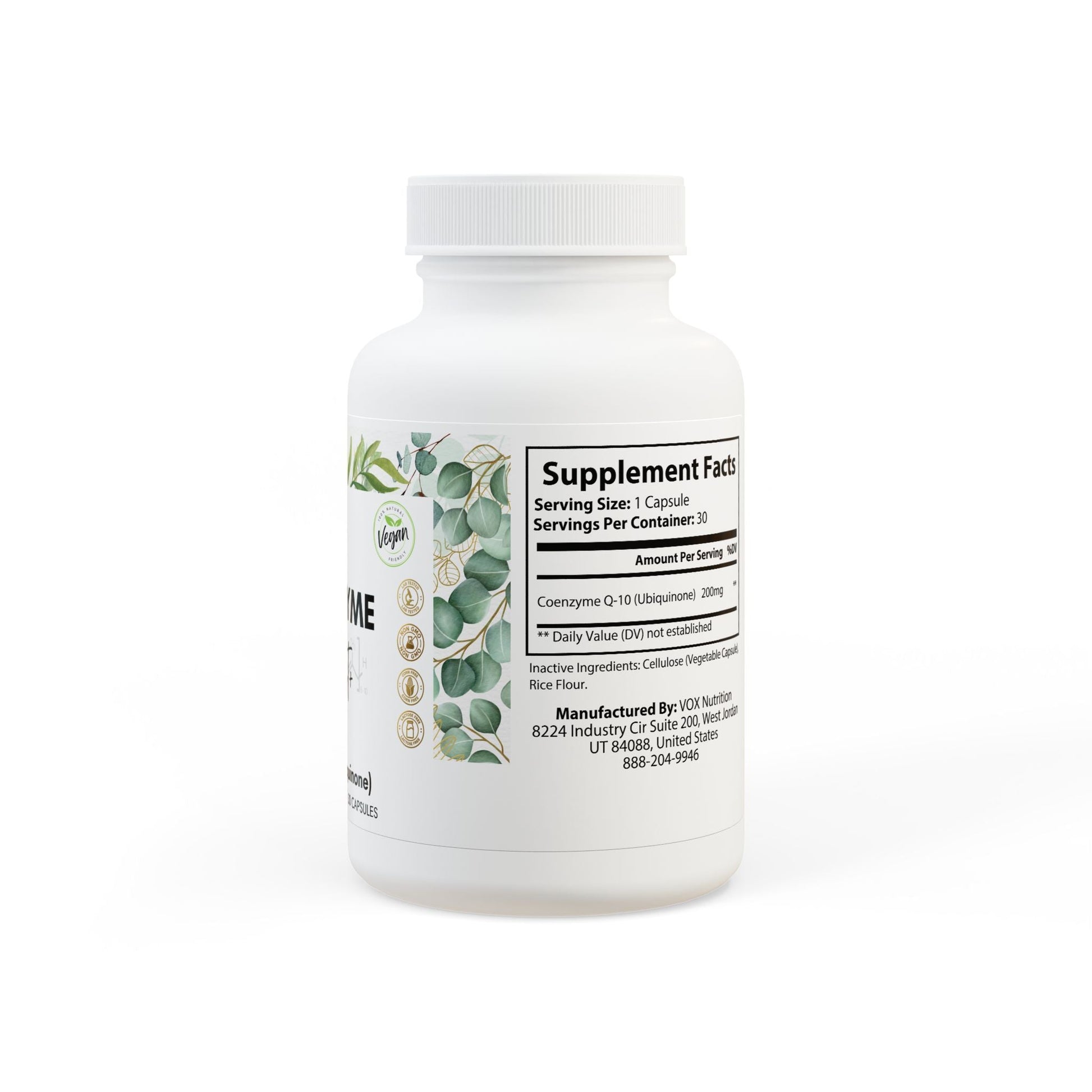 CoQ10 supplement COENZYME BOOST+ CoQ10 supplement bottle, 30 capsules, vegan-friendly, non-GMO, promoting antioxidant support, anti-aging