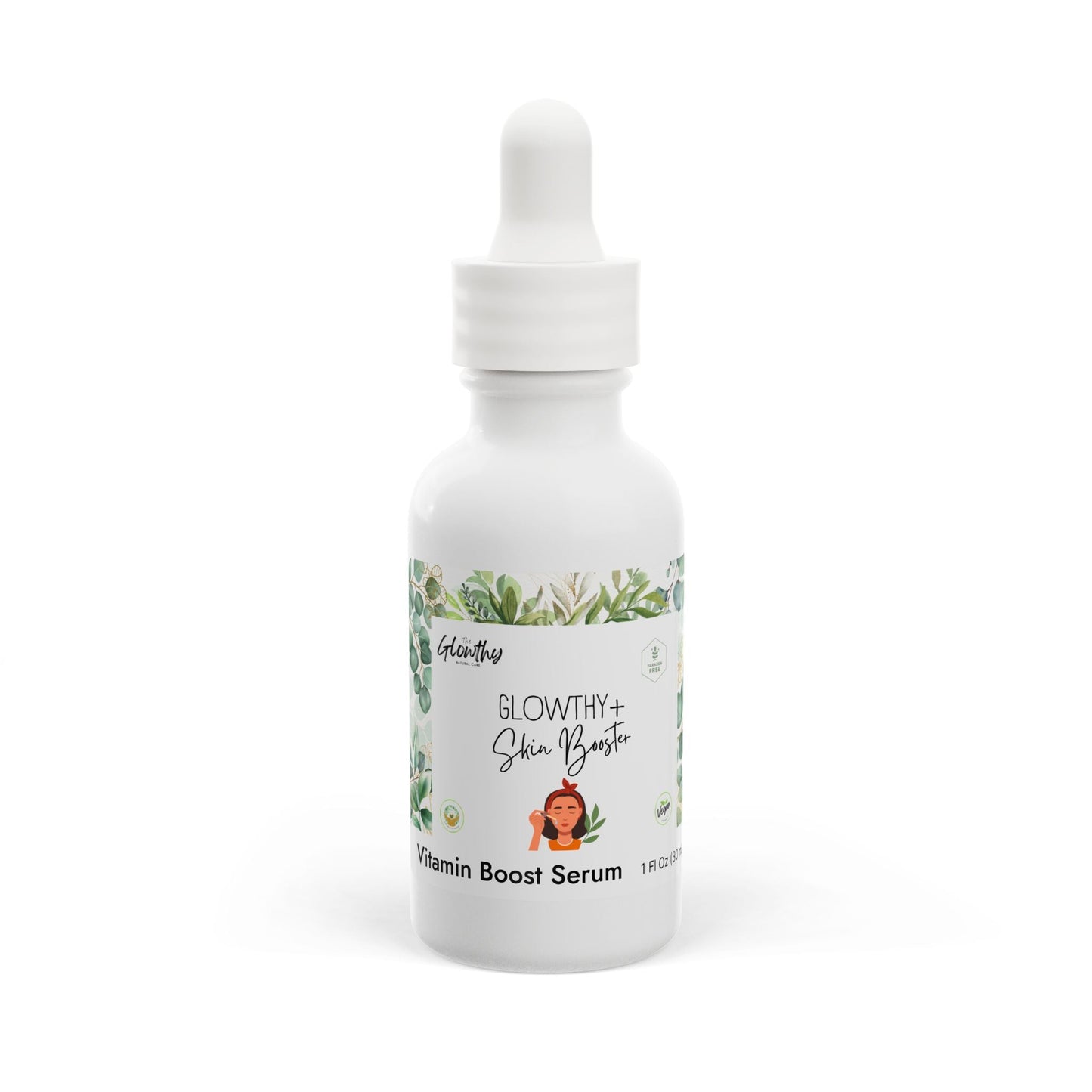 GLOWTHY+ SKIN BOOSTER Vitamin Boost Serum, white glass bottle with dropper, 1oz.