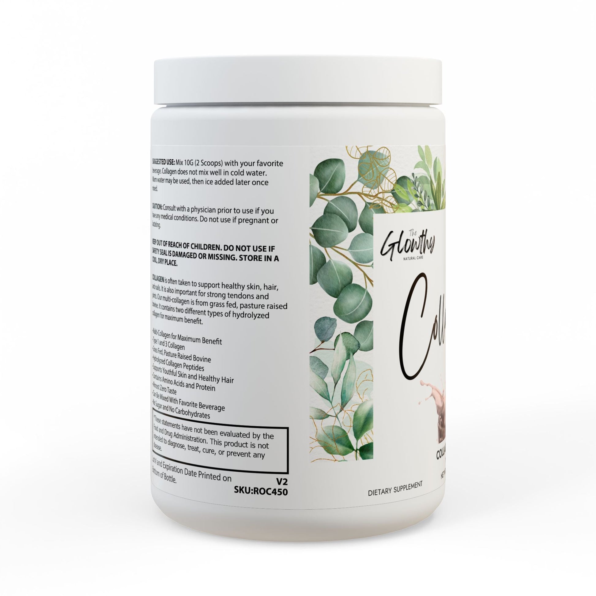 White container of Collagen Peptides Type I & III supplement with botanical design and splash graphic, 350g jar