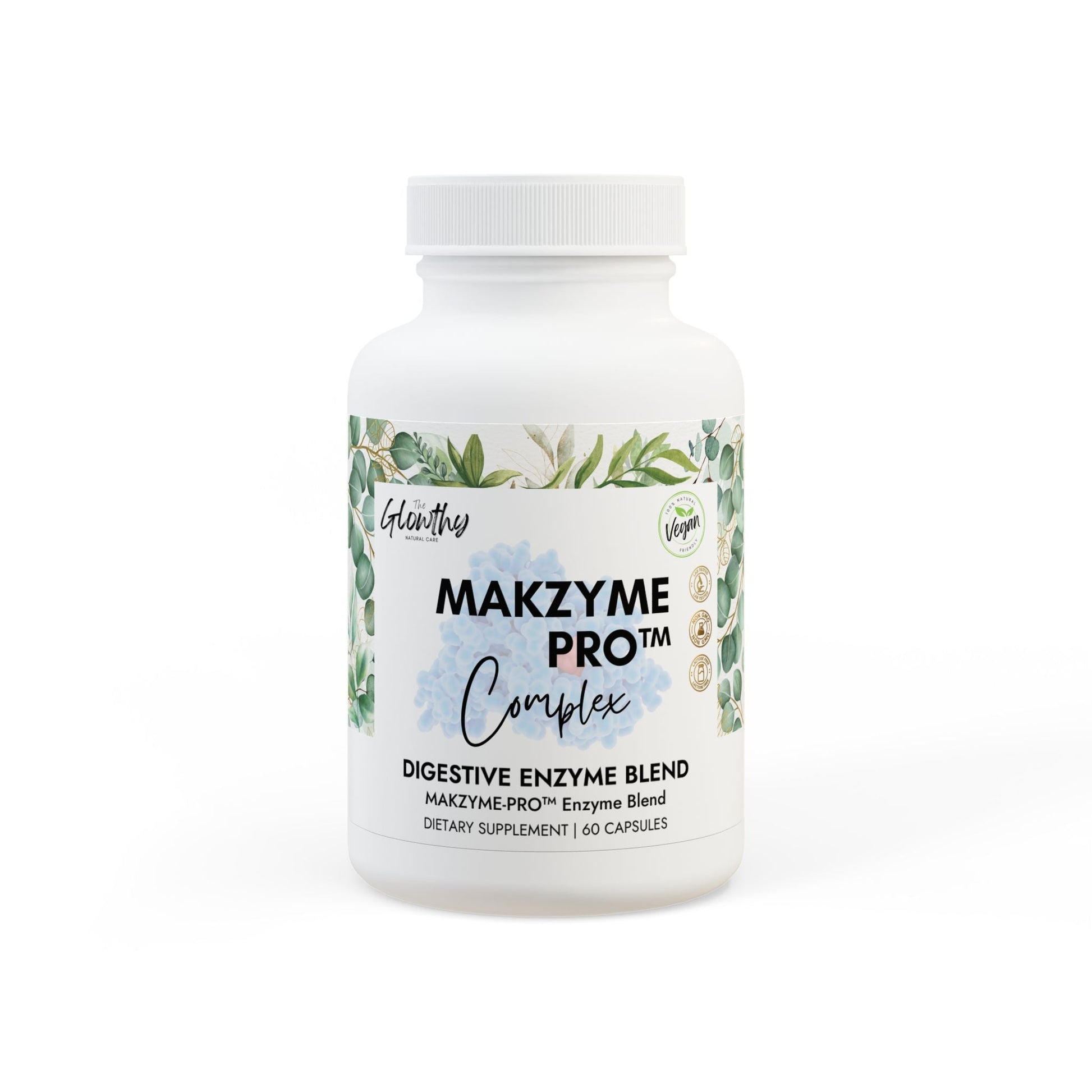 Digestive Enzyme Supplement MAKZYME-PRO™ COMPLEX  bottle with 60 capsules, supports digestion, non-GMO, vegan-friendly.MAKZYME-PRO™ COMPLEX Digestive Enzyme Blend Supplement bottle with 60 capsules, supports digestion, non-GMO, vegan-friendly.