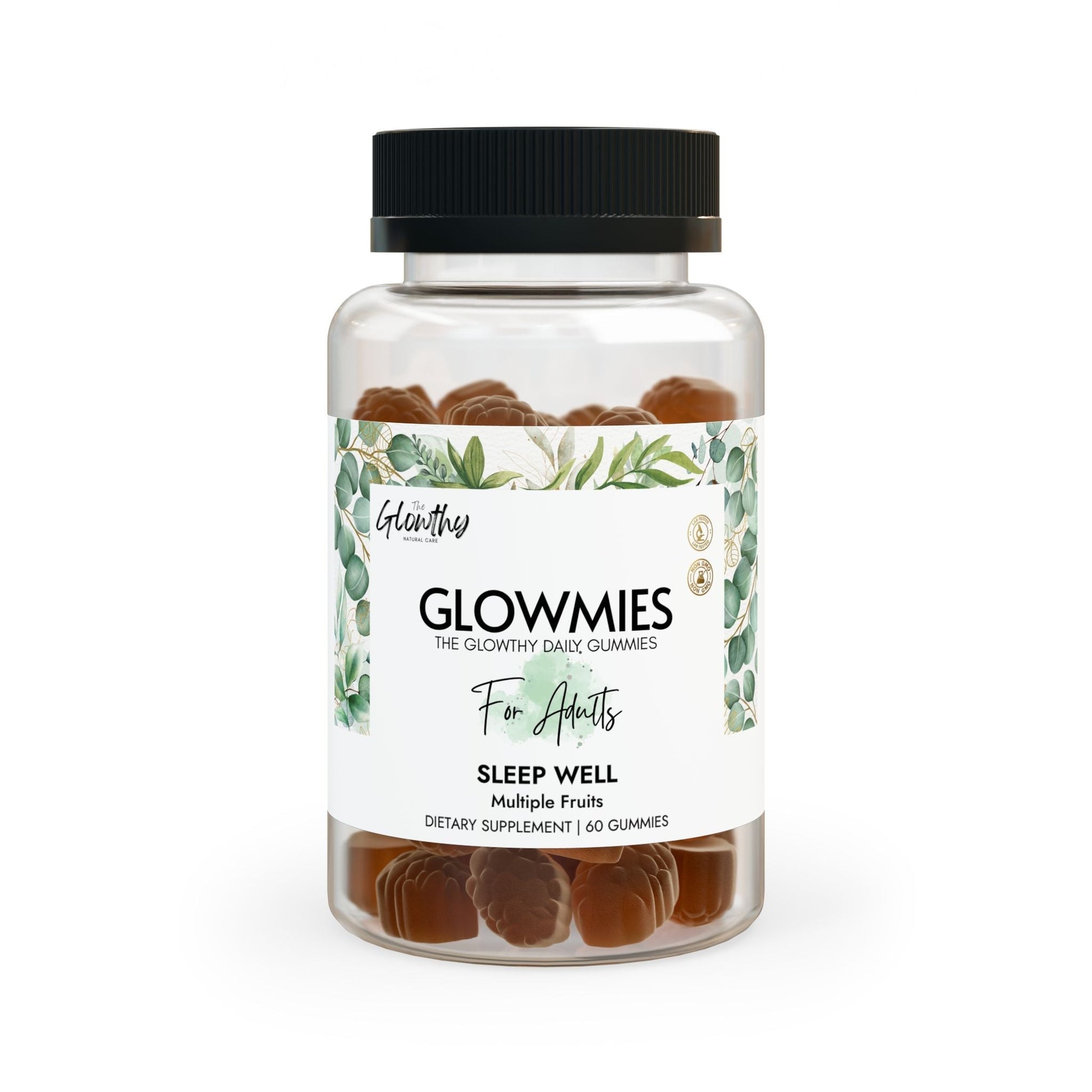 Sleep Well Melatonin Gummies GLOWMIES Sleep Well Gummies designed to enhance sleep, support healthy sleep patterns, provide antioxidant support and promote healthy circadian rhythms, bottle with 60 gummiesGLOWMIES Sleep Well Gummies bottle with 60 gummies for enhancing sleep and supporting healthy patterns.