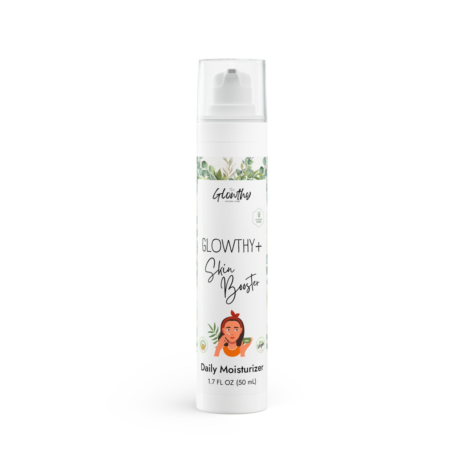 Daily Moisturizer for radiant skin GLOWTHY+ SKIN BOOSTER Daily Moisturizer, 1.7oz in white plastic bottle with white airless pump, for hydrated, radiant skin.