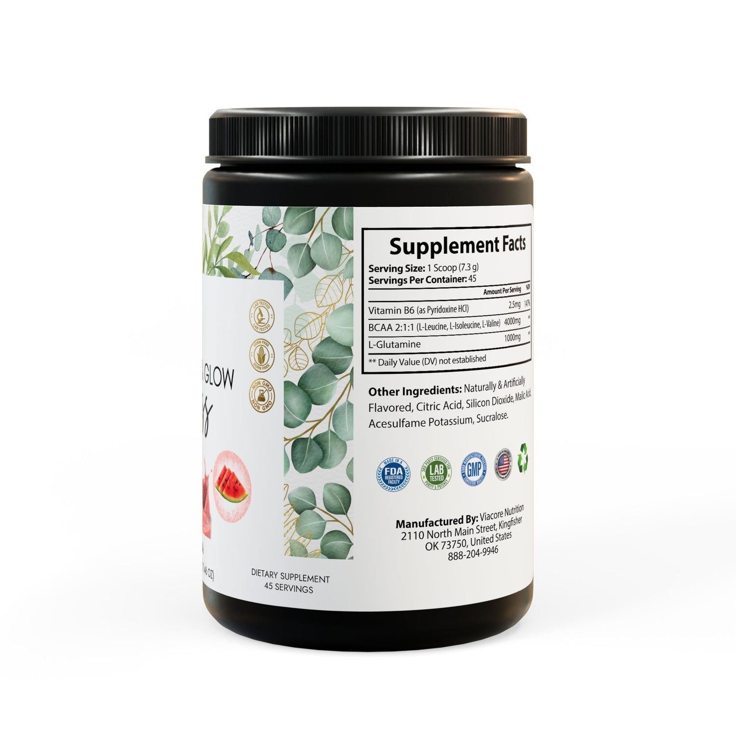 FITNESS & GLOW BCAA Supplement with Watermelon flavor boosts exercise, aids recovery, and prevents muscle breakdown. Ideal for fitness enthusiasts and athletes.