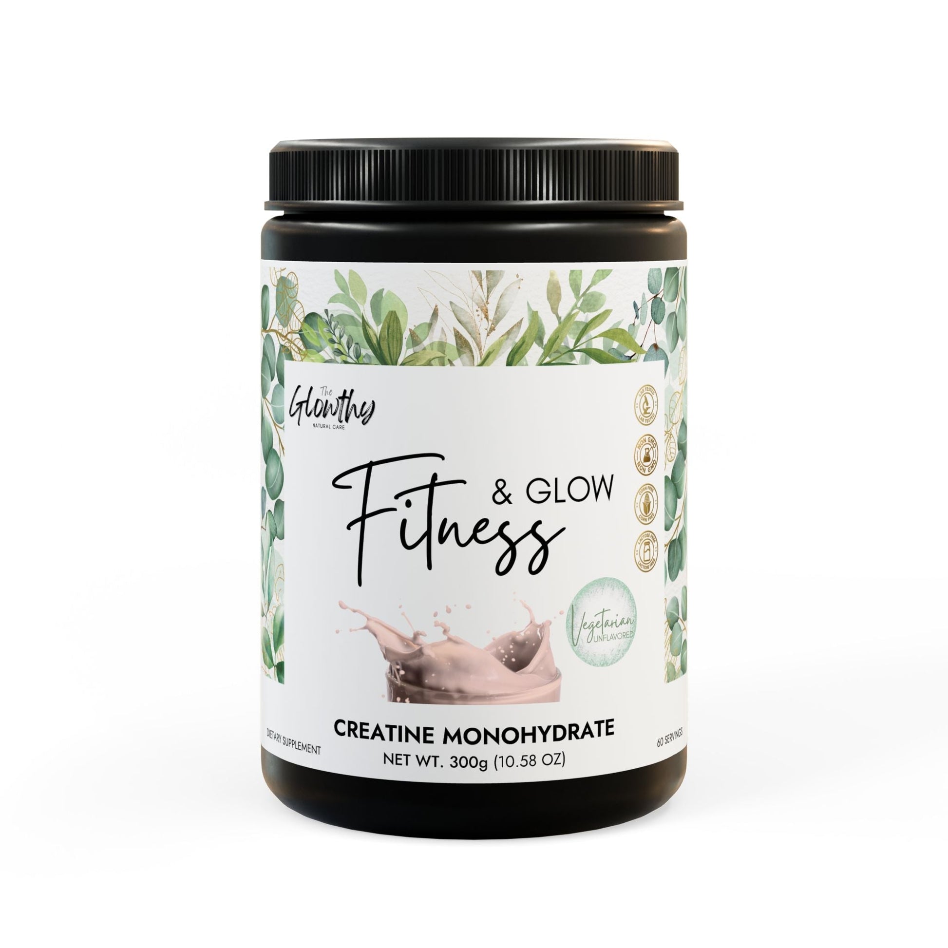 Creatine Monohydrate Supplement 300g jar by Fitness & Glow for muscle recovery and exercise performance.