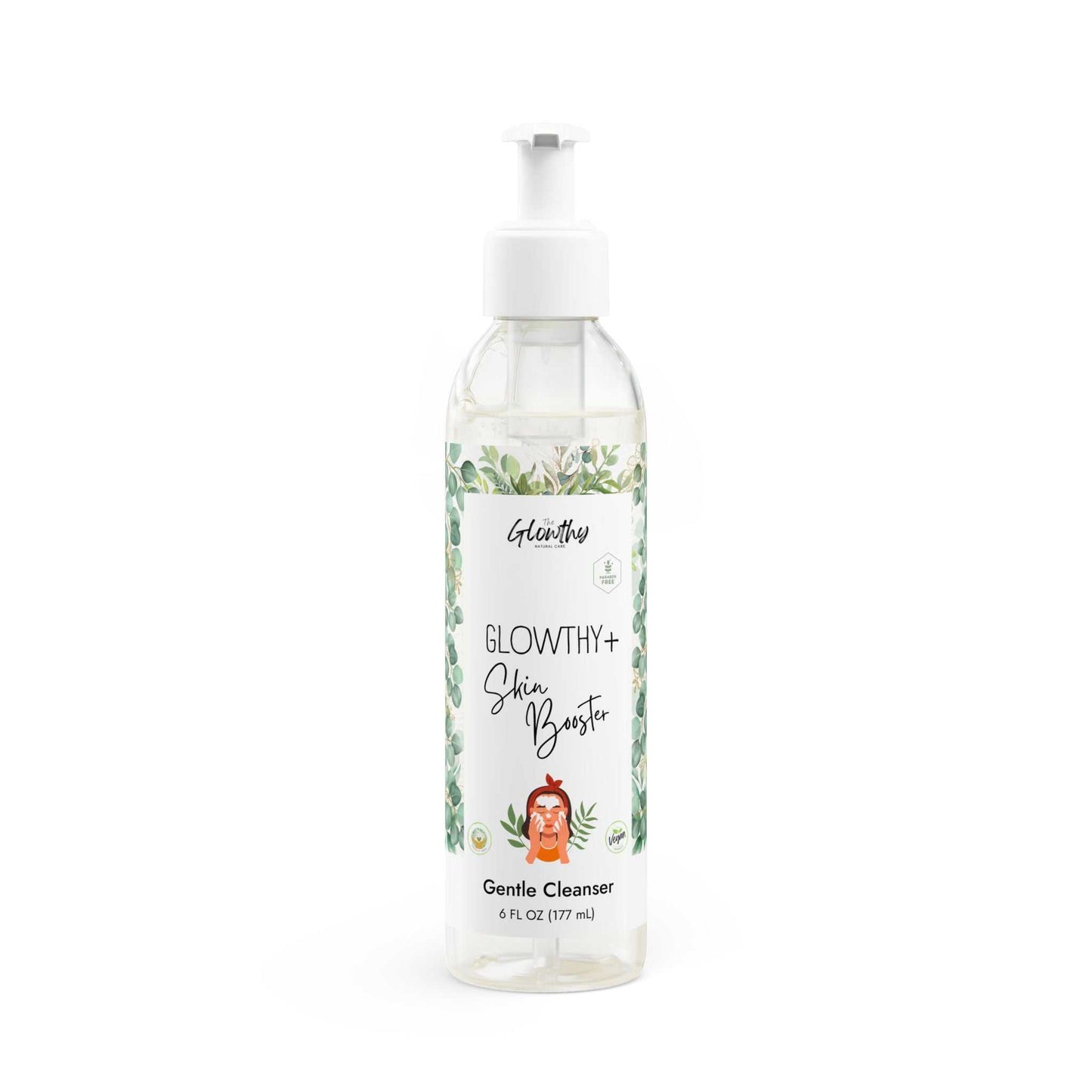 Gentle Cleanser GLOWTHY+ SKIN BOOSTER Face and Body, 6oz bottle with pump, ideal for sensitive skin. Vegan, fragrance-free.