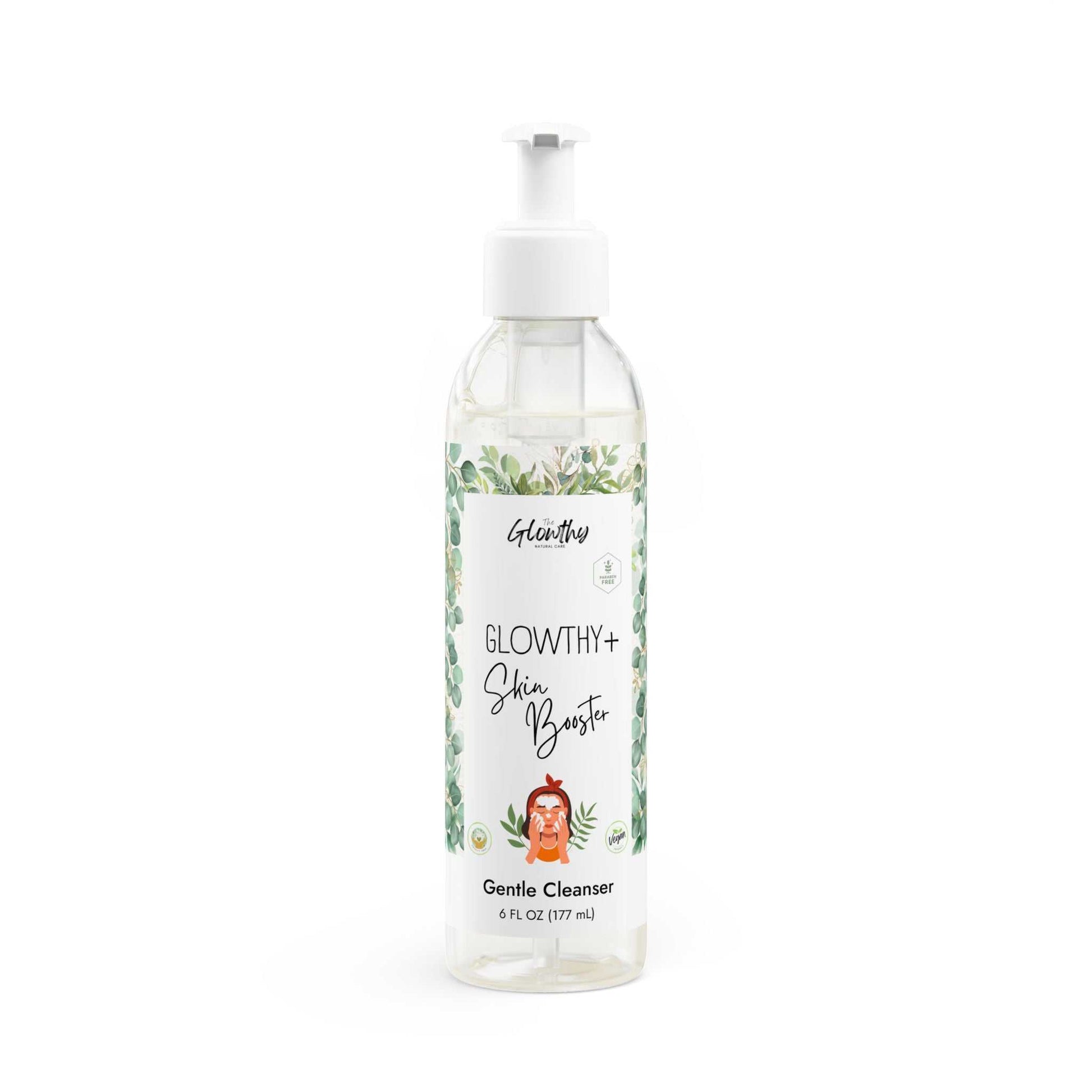 Gentle Cleanser GLOWTHY+ SKIN BOOSTER Face and Body, 6oz bottle with pump, ideal for sensitive skin. Vegan, fragrance-free.