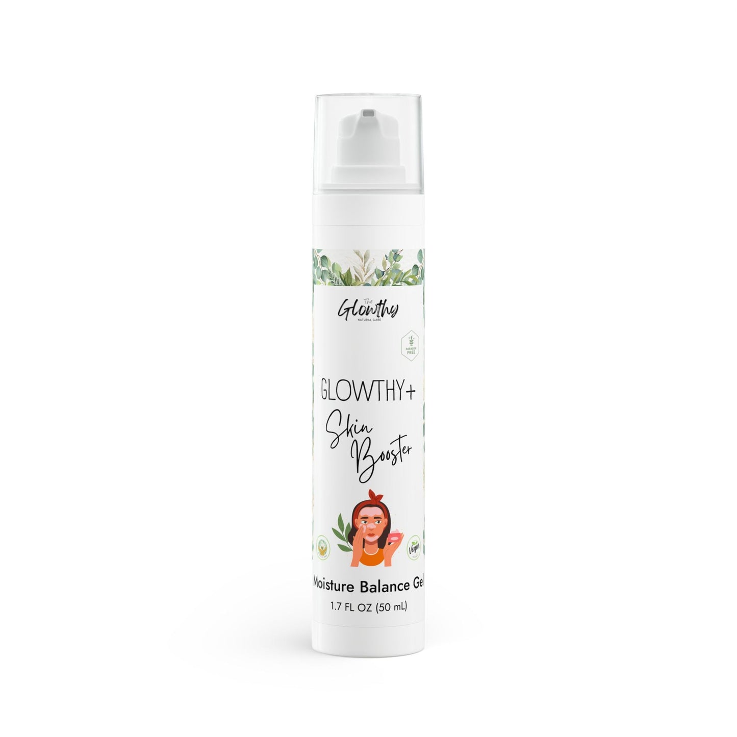 GLOWTHY+ SKIN BOOSTER Moisture Balance Gel, 1.7oz bottle with white airless pump, vegan and cruelty-free hydrating gel.