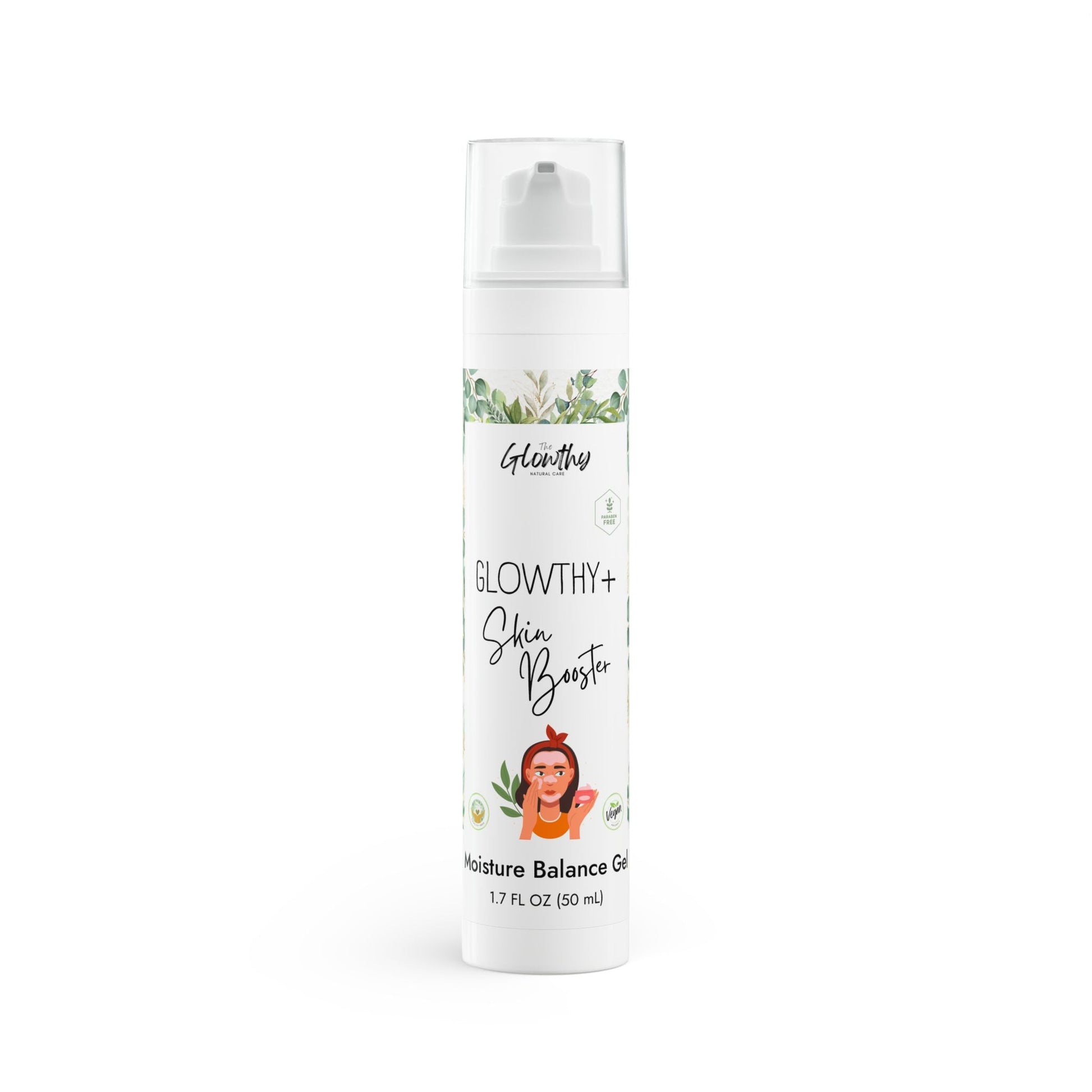 GLOWTHY+ SKIN BOOSTER Moisture Balance Gel, 1.7oz bottle with white airless pump, vegan and cruelty-free hydrating gel.