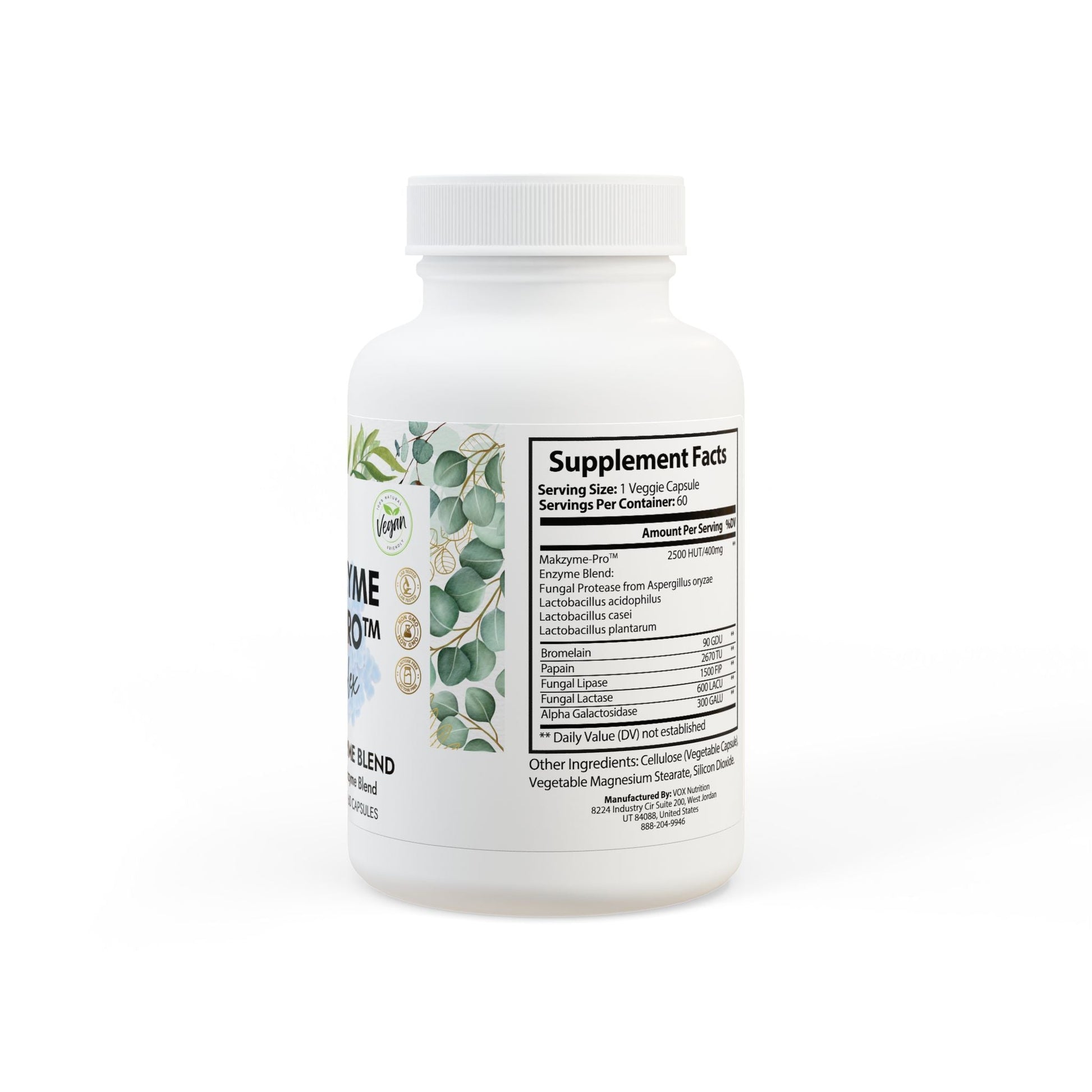 Digestive Enzyme Supplement MAKZYME-PRO™ COMPLEX  bottle with 60 capsules, supports digestion, non-GMO, vegan-friendly.