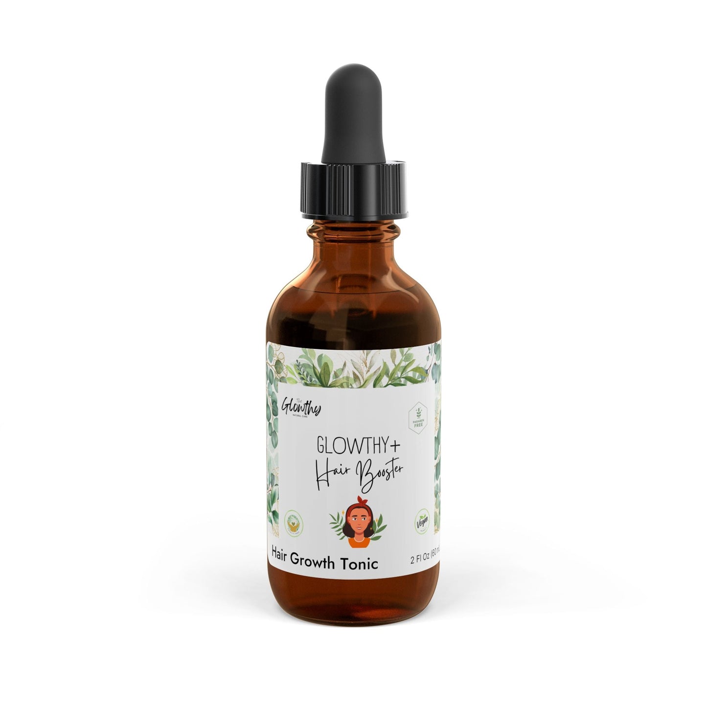 GLOWTHY+ Hair Growth Tonic 2oz bottle with dropper, enriched with biotin and turmeric, for fuller, thicker hair.