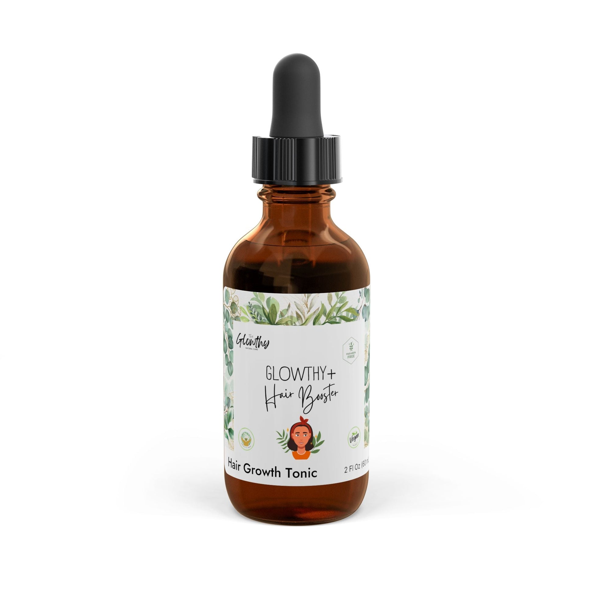 GLOWTHY+ Hair Growth Tonic 2oz bottle with dropper, enriched with biotin and turmeric, for fuller, thicker hair.