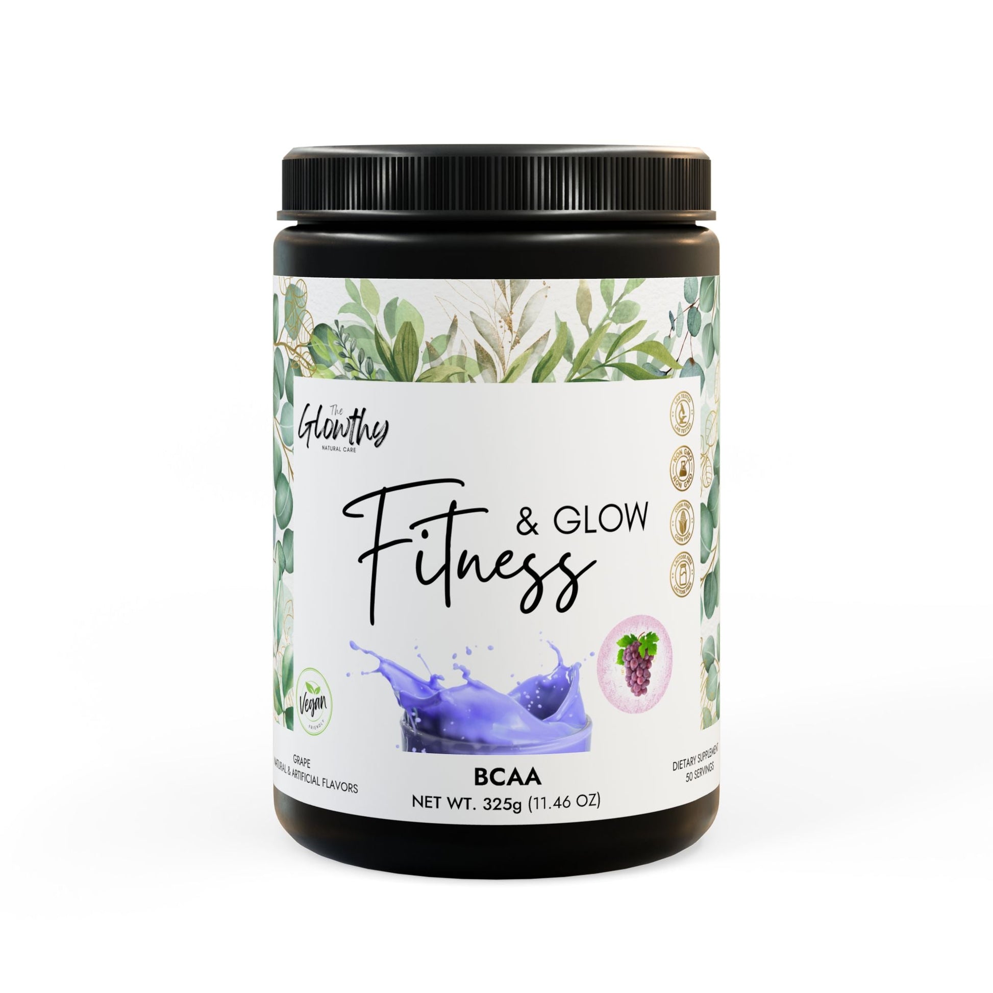 FITNESS & GLOW BCAA Supplement in grape flavor, 325g container, 50 servings.