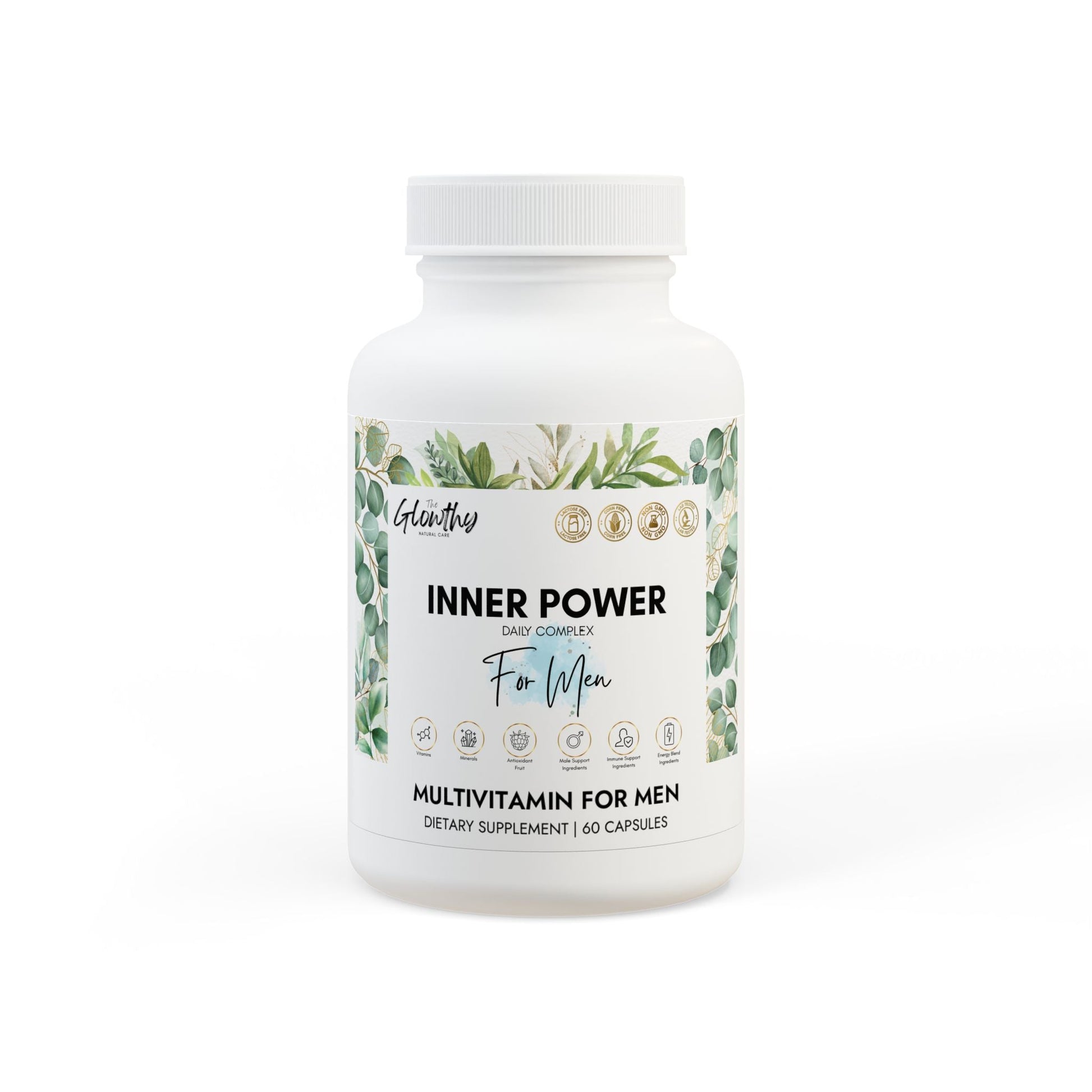 Multivitamin for Men Supplement INNER POWER Designed to bridge the nutritional gap in busy lifestyles by providing the perfect amount of vitamins, minerals, antioxidants. Supplement bottle, 60 capsules, designed to support men's health and energy metabolism.