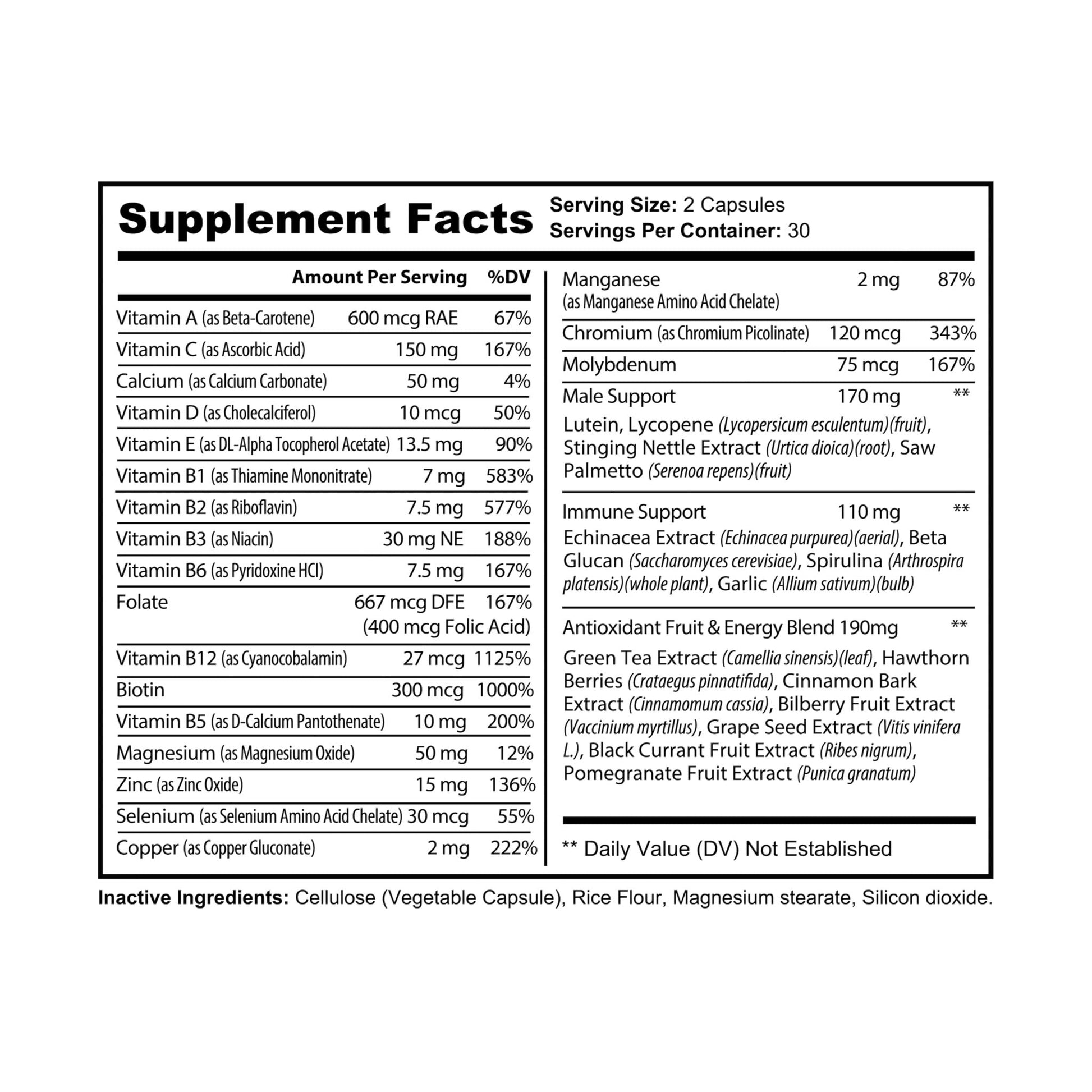 Multivitamin for Men Supplement INNER POWER Designed to bridge the nutritional gap in busy lifestyles by providing the perfect amount of vitamins, minerals, antioxidants. Supplement bottle, 60 capsules, designed to support men's health and energy metabolism.