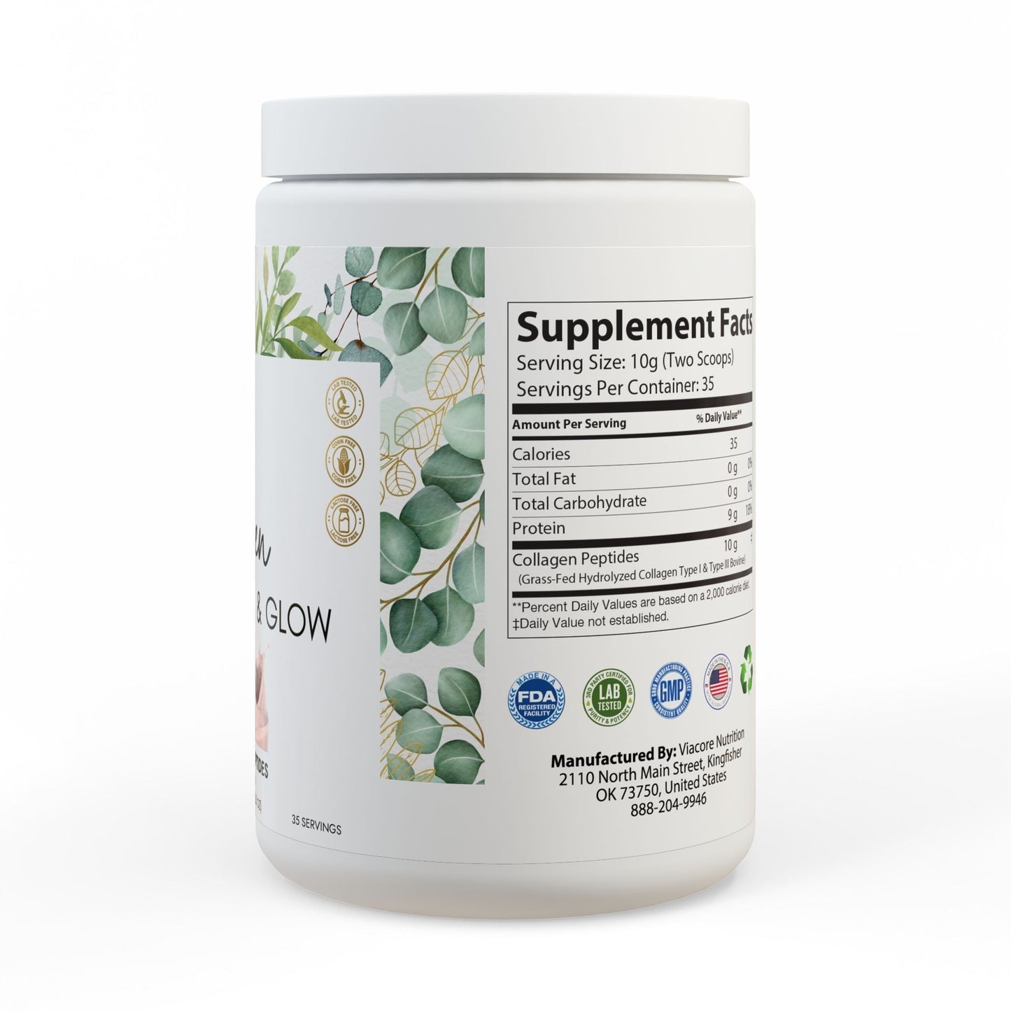 White container of Collagen Peptides Type I & III supplement with botanical design and splash graphic, 350g jar