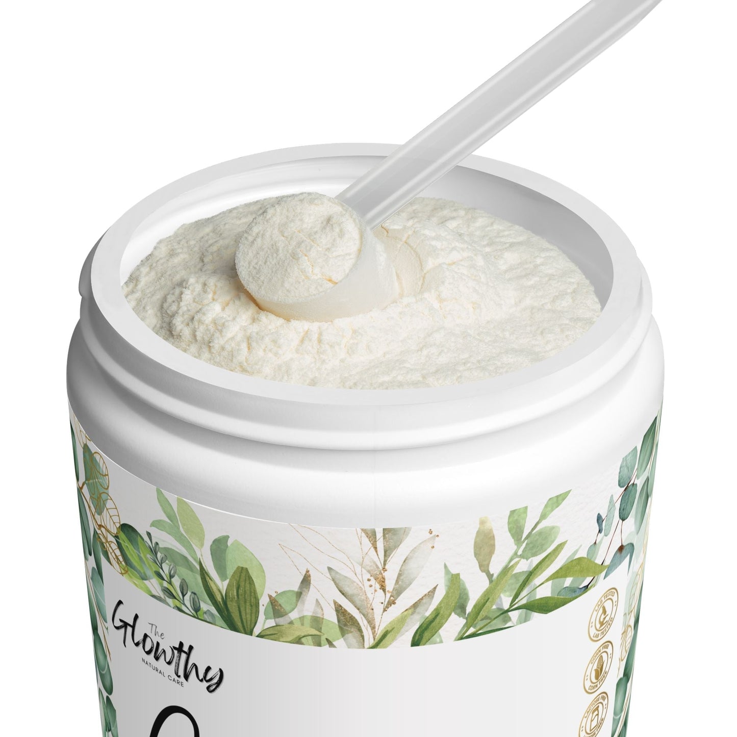 White container of Collagen Peptides Type I & III supplement with botanical design and splash graphic, 350g jar