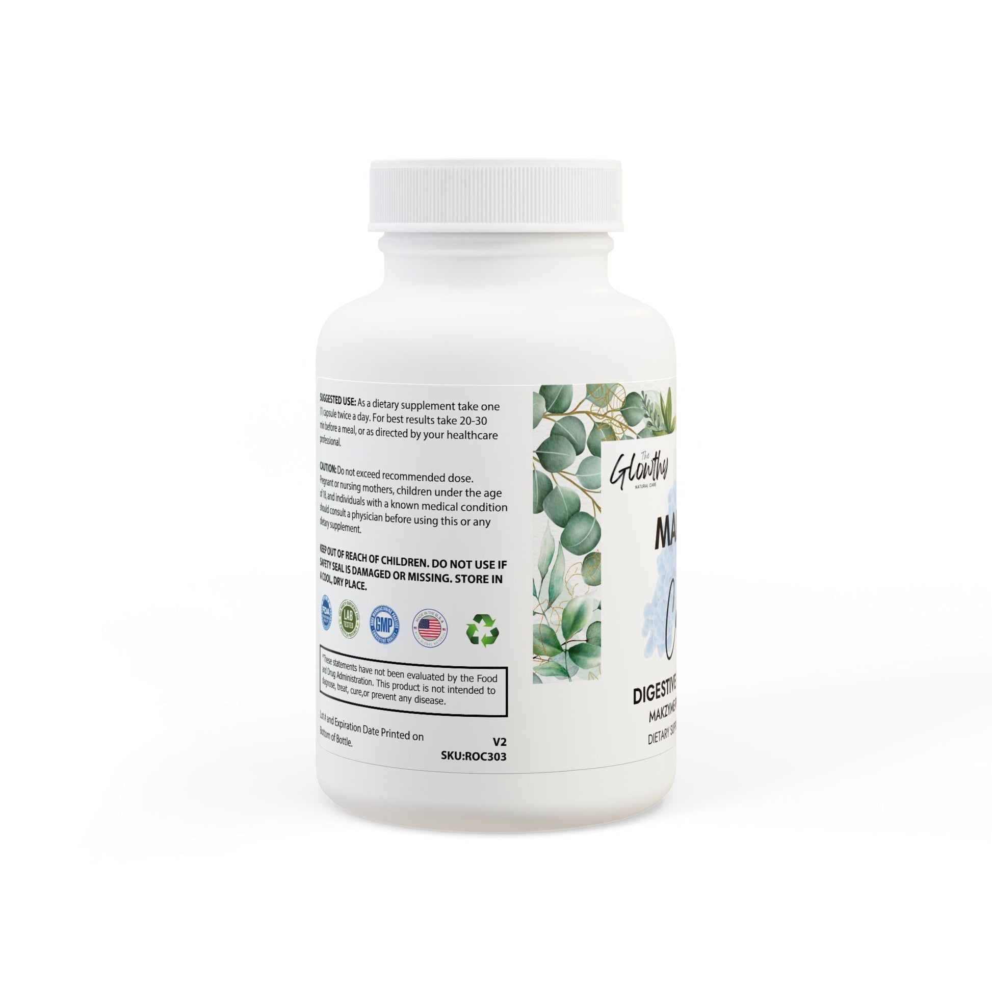 Digestive Enzyme Supplement MAKZYME-PRO™ COMPLEX  bottle with 60 capsules, supports digestion, non-GMO, vegan-friendly.